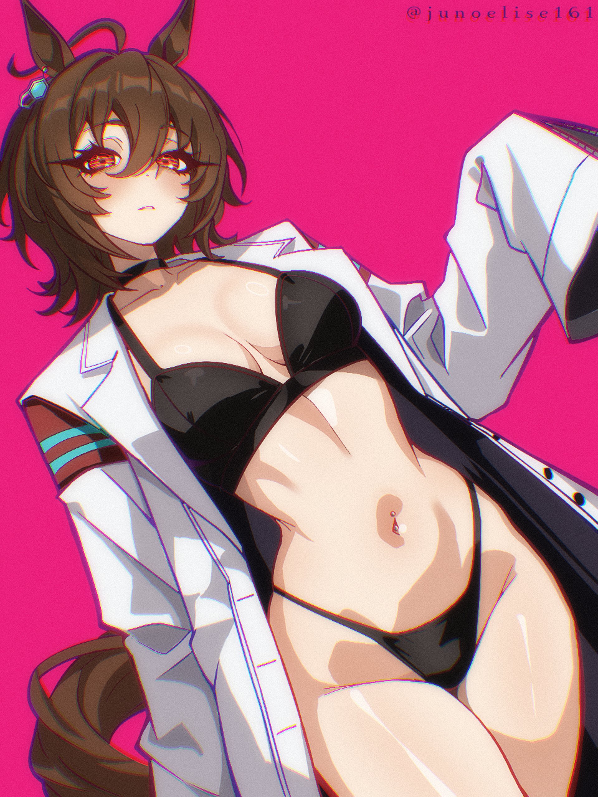 1girls, agnes tachyon (umamusume), animal ears, artist name, blush, blushing, bra, breasts, brown hair, choker, cleavage, coat, earrings, female, female only, female torso, flashing, horse ears, horse girl, horse tail, hourglass figure, jewelry, junoelise, labcoat, long sleeves, navel, navel piercing, open clothes, panties, petite, piercing, red eyes, short hair, slim waist, small breasts, solo, solo female, standing, tail, thick, thick thighs, thigh gap, thighs, umamusume, umamusume pretty derby, underwear, watermark, wide hips