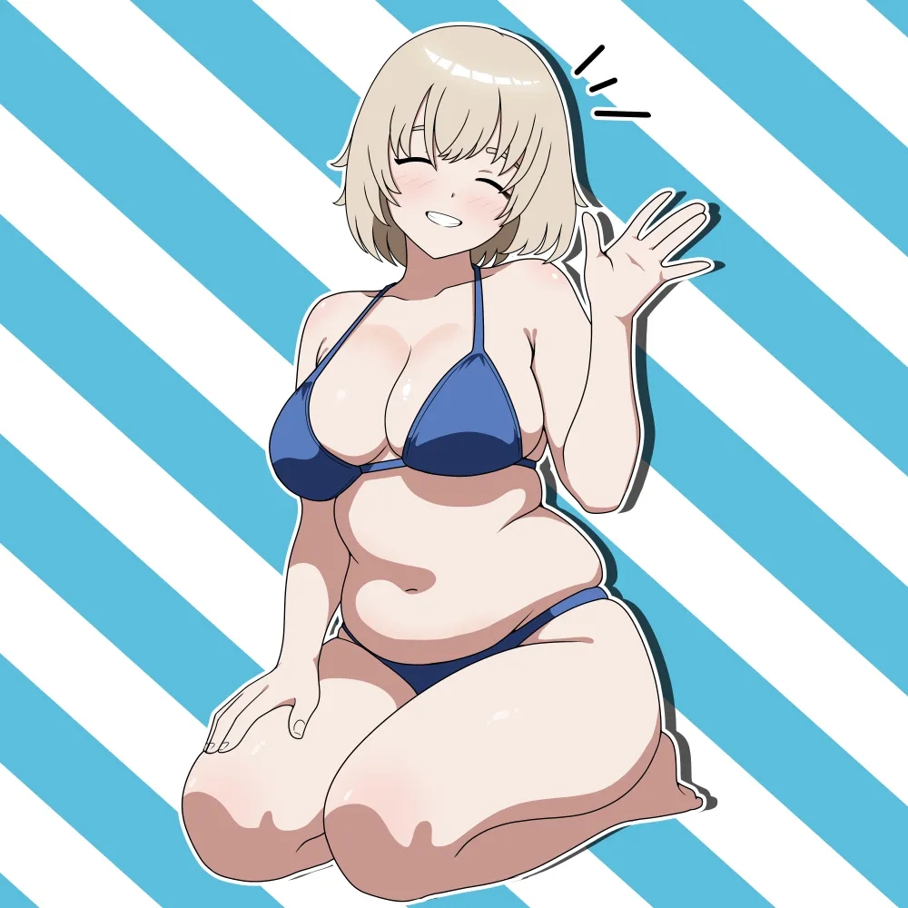 1:1, 1:1 aspect ratio, 1girls, 2d, 2d (artwork), 2d artwork, adult, adult female, almost naked, almost nude, anime, anime character, background, baddie, bare arms, bare belly, bare calves, bare chest, bare hands, bare hips, bare knees, bare legs, bare midriff, bare navel, bare shoulders, bare skin, bare soles, bare thighs, bare toes, barefoot, belly, belly bulge, belly button, bewitching thighs, big boobs, big breasts, bikini, bikini bottom, bikini only, bikini top, blonde, blonde female, blonde hair, blonde hair female, blonde-haired female, blue background, blue bikini, blue bikini bottom, blue bikini top, blue swimsuit, blue swimwear, breasts, brown hair, brown-haired female, busty, busty female, busty girl, calves, child bearing hips, cleavage, closed eyes, collarbone, curvaceous, curvaceous body, curvaceous female, curvaceous figure, curvaceous hips, curvaceous thighs, curvy, curvy body, curvy female, curvy figure, curvy hips, curvy thighs, digital, digital art, digital drawing, digital drawing (artwork), digital media, digital media (artwork), drawing, dungeon meshi, elbows, eviconstantine, exposed, exposed arms, exposed belly, exposed chest, exposed hips, exposed legs, exposed midriff, exposed navel, exposed shoulders, exposed skin, exposed thighs, exposed toes, falin touden, fanart, feet, female, female focus, female only, fertile, fertile hips, fingers, from front, front view, full body, full body view, grin, grinning, grinning at viewer, groin, halterneck, hand on leg, hand on own leg, hand on own thigh, hand on thigh, head tilt, huge boobs, huge breasts, inframammary fold, knees, large boobs, large breasts, lascivious, legs, legs folded, light brown hair, light brown-haired female, light-brown hair, looking at viewer, mage, mature, mature female, mature woman, midriff, mostly nude, multicolored background, naked, naked female, naked woman, navel, nearly nude, no shoes, nude, nude female, nudity, parted lips, plain background, plump breasts, practically nude, sagging boobs, sagging breasts, seiza, short hair, shoulders, sitting, sitting on feet, sitting on floor, sitting on ground, sitting on knees, sitting on leg, sitting on soles, slightly chubby, slightly chubby female, smile, smiley face, smiling, smiling at viewer, solo, stomach bulge, string bikini, studio trigger, swimsuit, swimwear, thick thighs, thighs, tilted head, toes, touching leg, touching thigh, two-tone background, waving, waving at viewer, waving hand, white background, wide hips, woman