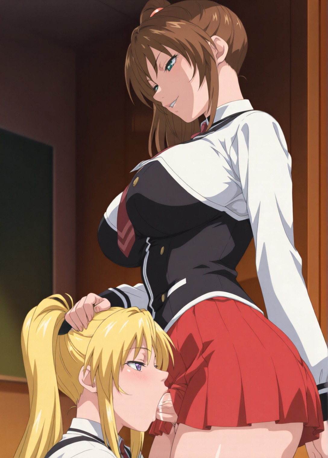 1futa, 1girls, academy uniform (bible black), ai generated, bible black, big penis, blonde hair, breasts, brown hair, classroom, clothed sex, clothing, dominant futa, duo, erection, faithful to the anime, fellatio, female, female pervert, femdom, femsub, futa on female, futa sans balls, futa with female, futadom, futanari, futanari transformation, grabbing another's hair, highres, human, imari kurumi, intersex, irrumatio, large breasts, lazycpt, light skin, light-skinned female, light-skinned futa, long hair, low-angle view, moaning, multiple females, multiple girls, no balls, nude, nude female, nude futanari, oral, oral rape, oral sex, penis, pervert, pleated skirt, ponytail, possessed, pubic hair, saeki kaori, saliva, saliva trail, school uniform, schoolgirl, sex, shirt, skirt, standing, submissive female, suspenders, tears, teen, teenage girl, teenager, uncensored, vest, wide hips, yuri