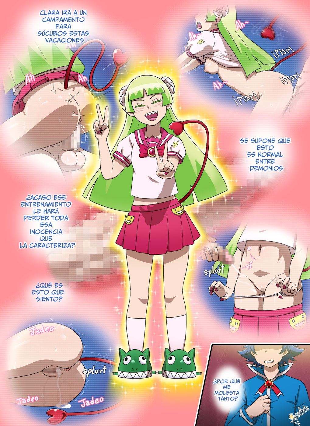 1boy 1girls anus ass blue_hair breasts creampie cum cum_in_pussy cum_inside doggy_style double_v female from_behind gigalleta green_hair mairimashita!_iruma-kun male nipples panties penetration penis plap pussy sex sex_from_behind suzuki_iruma tail v valac_clara