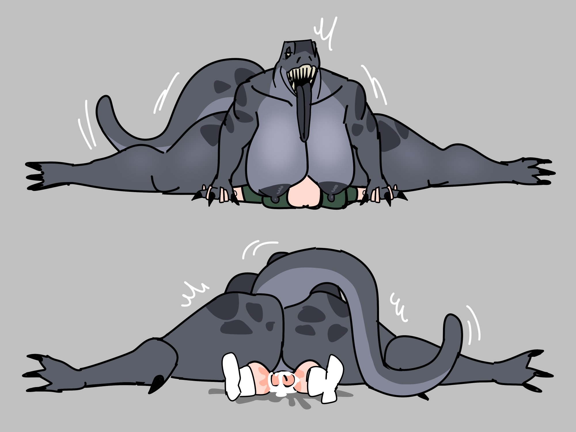 big ass, big breasts, cum, cum in pussy, cum inside, dinosaur, dinosaur girl, face in breasts, grey body, holding hands, human on anthro, interspecies, scalie, sharp teeth, splits, splits on penis, tail, tongue out, vaginal penetration, vaginal sex, workshaper