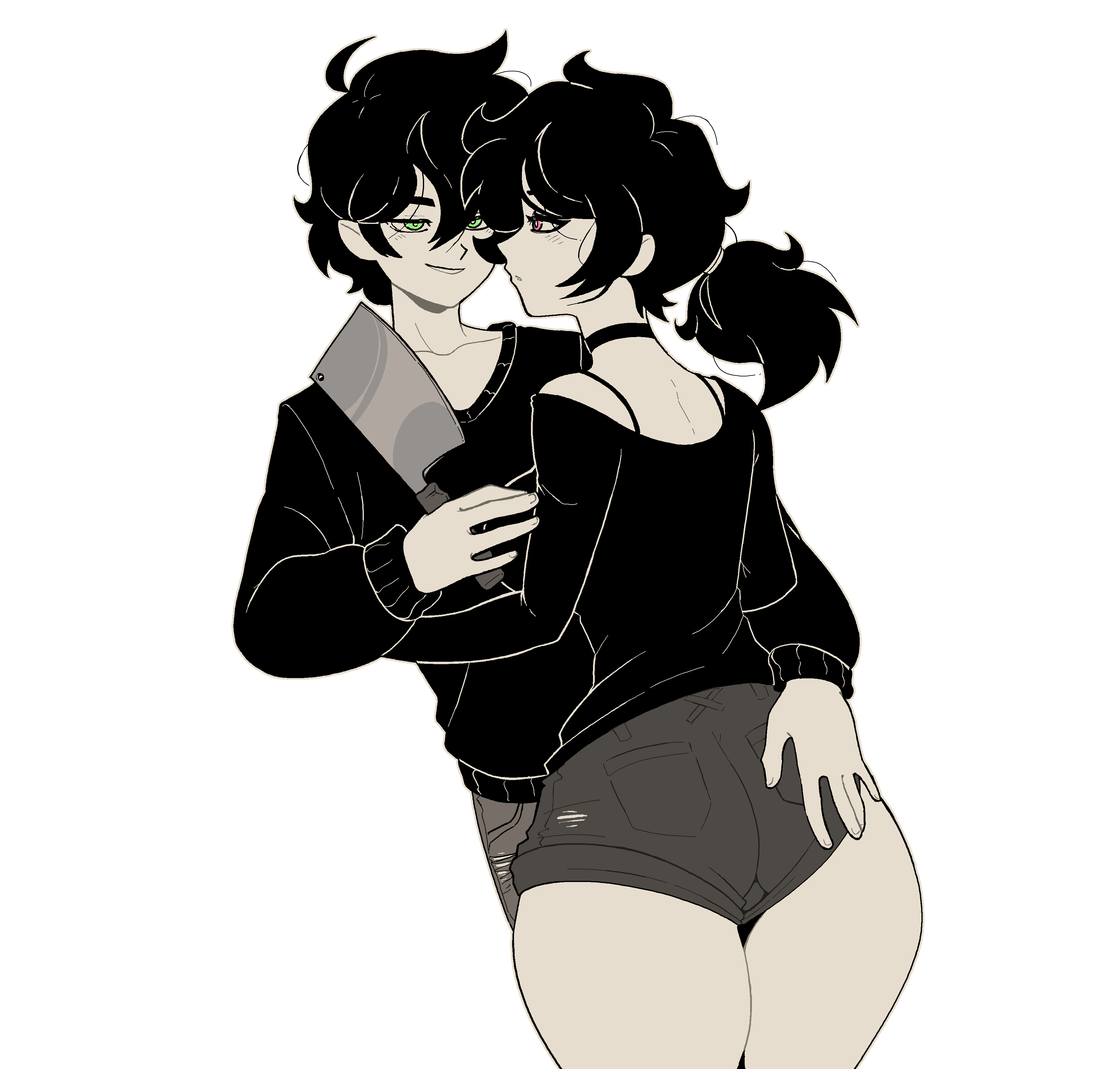1boy, 1girls, 2d, andrew graves, ashley graves, ass, ass grab, black hair, brother and sister, choker, clothed, eye contact, female, green eyes, incest, male, neontetrix, pink eyes, ponytail, siblings, straight, the coffin of andy and leyley