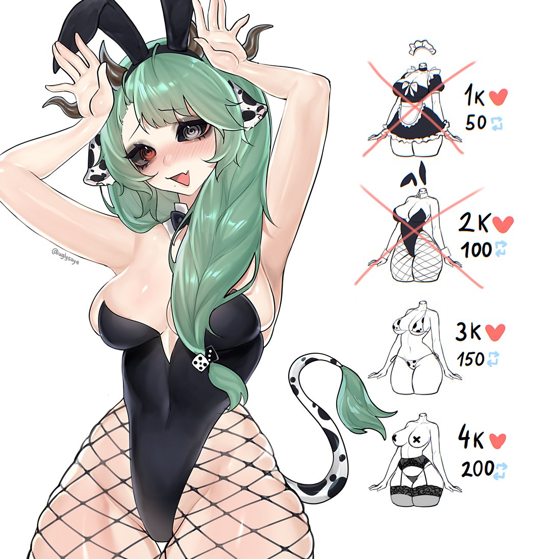 1girl, 1girls, animal ear hairband, animal ears, armpits, arms up, big breasts, black bow, black bowtie, black leotard, black sclera, blush, bow, bowtie, breasts, collar, colored sclera, cow ears, cow girl, cow horns, cow tail, crelly, curvy, detached collar, dice hair ornament, fake animal ears, fang, female, fishnets, green hair, grey eyes, grey sclera, hair ornament, hairband, heterochromia, highleg, highleg leotard, hips, horns, indie virtual youtuber, large breasts, leotard, long hair, mismatched sclera, mole, mole under mouth, open mouth, playboy bunny, rabbit ears, red eyes, side ponytail, skin fang, solo, tail, thick, thick thighs, thighs, tits, twitter strip game, uglysaya, virtual youtuber, vtuber, white background, white collar, wide hips