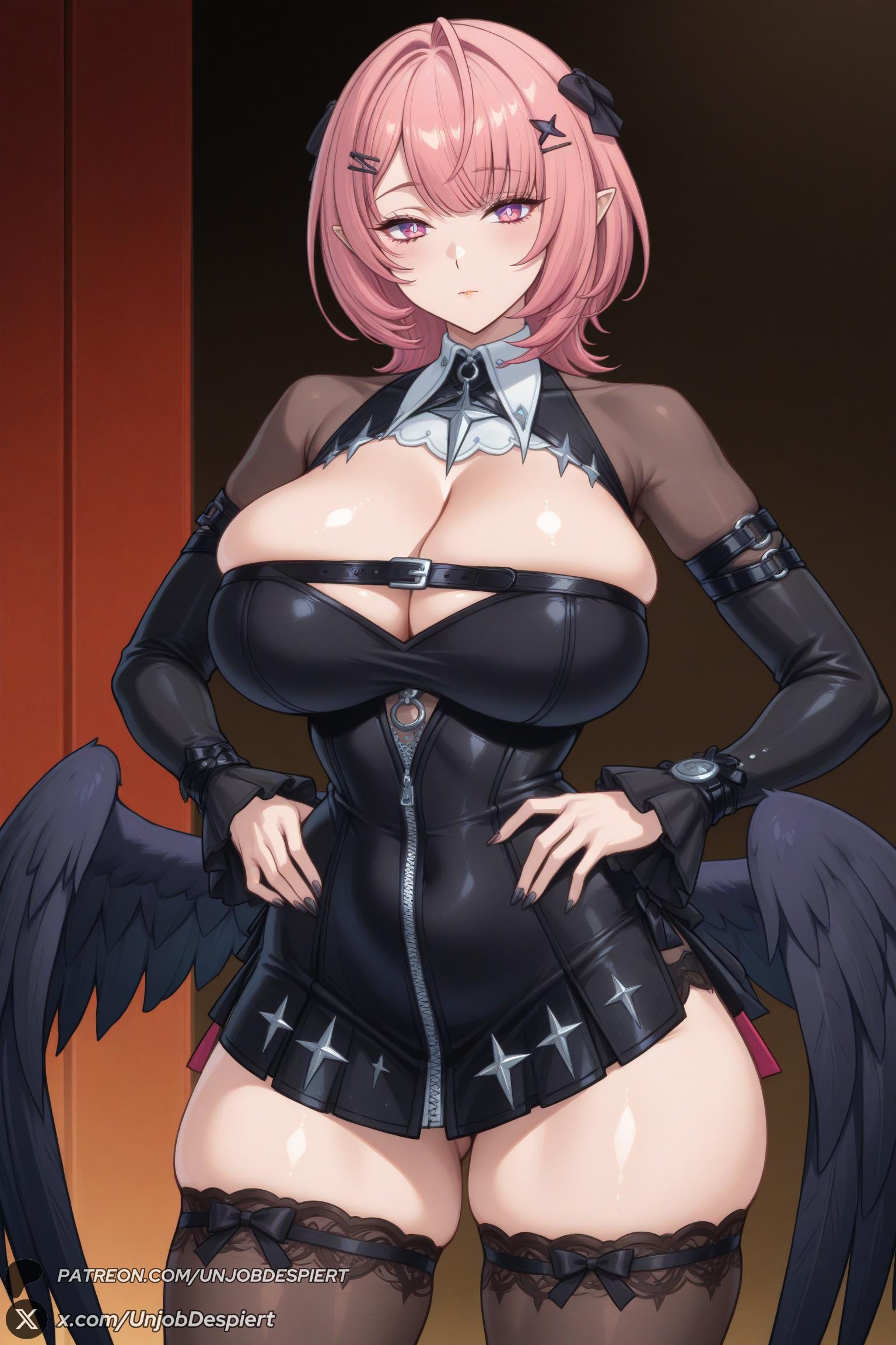 1female 1girl 1girls 2026 ai_generated artist_name ass_visible_through_thighs bangs big_ass big_breasts black_dress black_thighhighs breasts cleavage closed_mouth curvy detached_sleeves dress hair_ornament hairclip hands_on_hips hi_res high_quality high_resolution highres huge_ass huge_breasts large_breasts looking_at_viewer patreon patreon_username pink_eyes pink_hair pointy_ears ramiel_(zenless_zone_zero) remielle_dan short_hair skindentation solo thick_thighs thighhighs thighs unjobdespiert watermark wings zenless_zone_zero