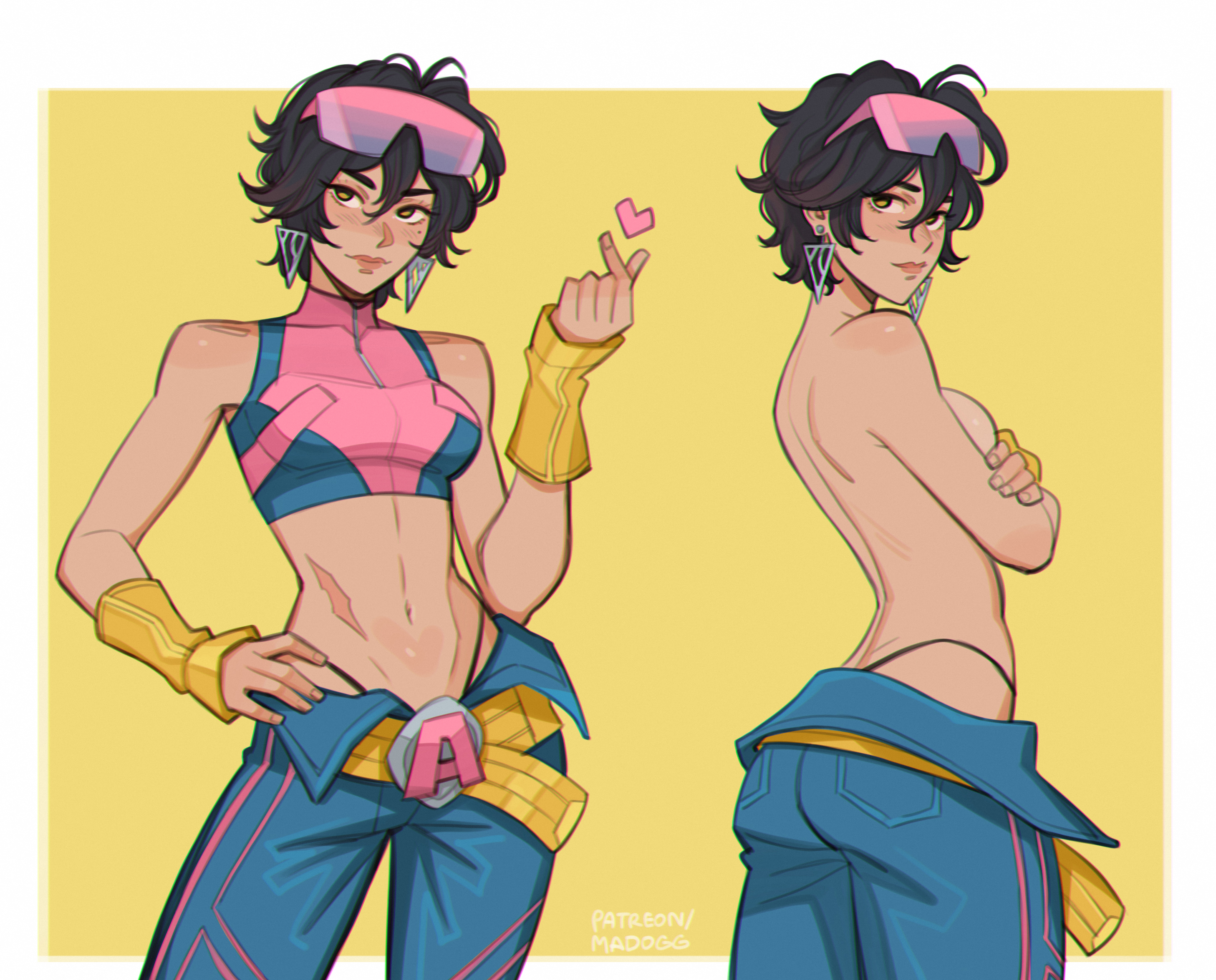 1girls, 2d, arms crossed, asian, asian female, back to viewer, belt, big breasts, black hair, breasts, clothed, covering breasts, earrings, female, female only, fully clothed, jubilation lee, jubilee, jubilee (marvel rivals), looking at viewer, looking back, madogg, marvel, marvel comics, marvel rivals, panties, pants, panty straps, short top, solo, sunglasses, sunglasses on head, topless, topless female, x-men, yellow eyes