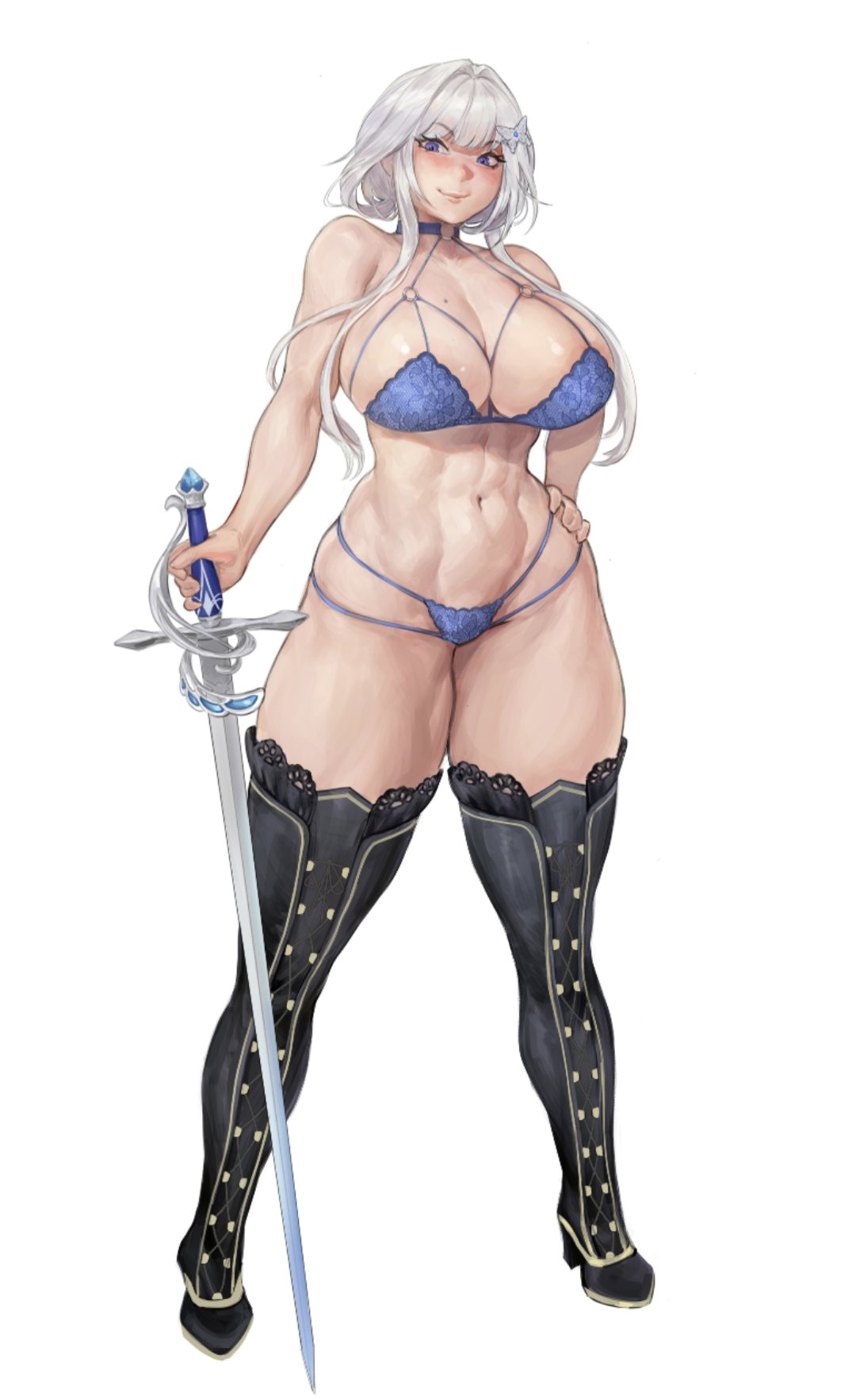 1girl, 1girls, big breasts, blue bra, blue panties, boots, bra, breasts, butterfly hair ornament, cleavage, commentary, english commentary, female, full body, grey hair, hair ornament, highres, huge breasts, long sidelocks, mole, mole on breast, muscle mommy, muscular, muscular female, navel, panties, phase connect, short hair, sidelocks, solo, standing, sword, tezy8art, thick, thick thighs, thigh boots, thighs, tits, underwear, virtual youtuber, vtuber, weapon, white background, wide hips, wilhelmina frost
