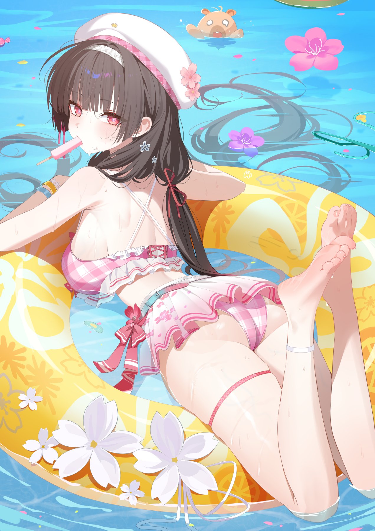 1girls, artist request, ass, beach, black hair, chisa (peach parfait) (wuthering waves), chisa (wuthering waves), female, long hair, medium breasts, official alternate costume, pink swimsuit, red eyes, see-through clothing, see-through swimsuit, swimsuit, wet, wet body, wuthering waves