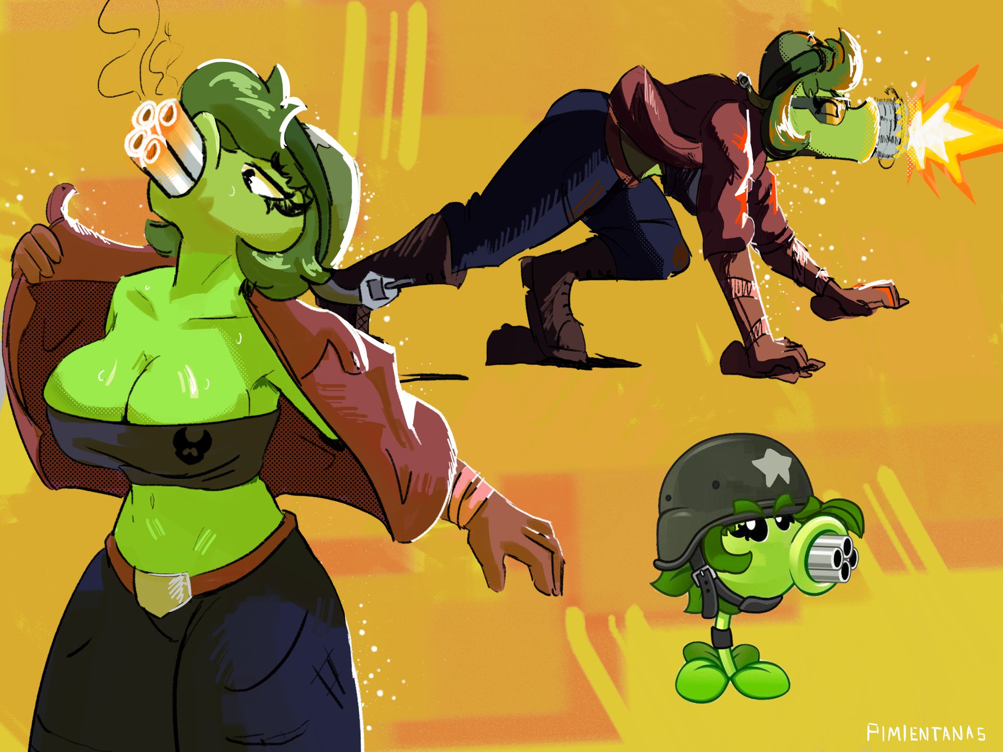 1girls, 2d, 2d artwork, female, female focus, female only, gatling pea (pvz), green body, green hair, green skin, peashooter (pvz), pimientanas, plant, plant girl, plant humanoid, plants vs zombies, simple background, tagme