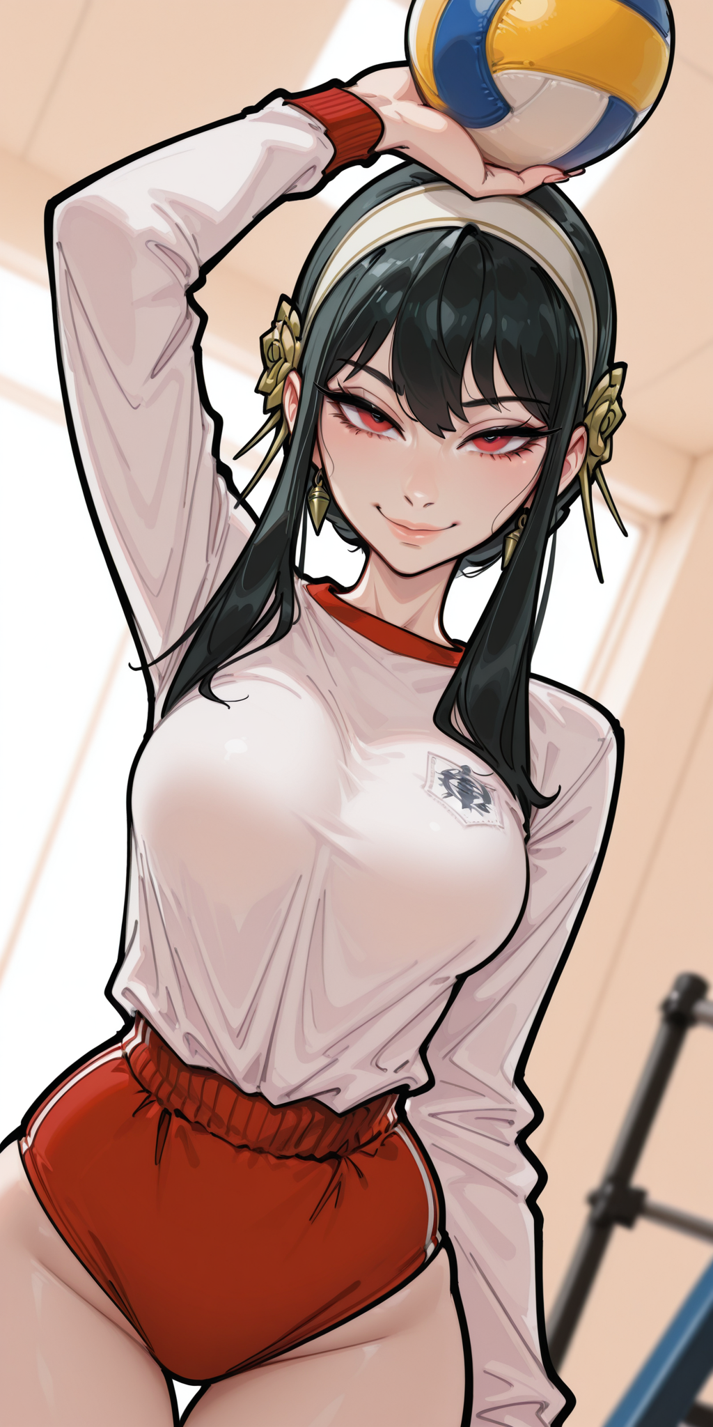1girls ai_generated arm_up black_hair breasts buruma female gym hair_ornament hairband holding indoors long_sleeves looking_at_viewer molamaxuy naughty_face perfect_body red_eyes shirt shorts sidelocks smile solo sports_uniform sportswear spy_x_family thigh_gap volleyball yor_briar