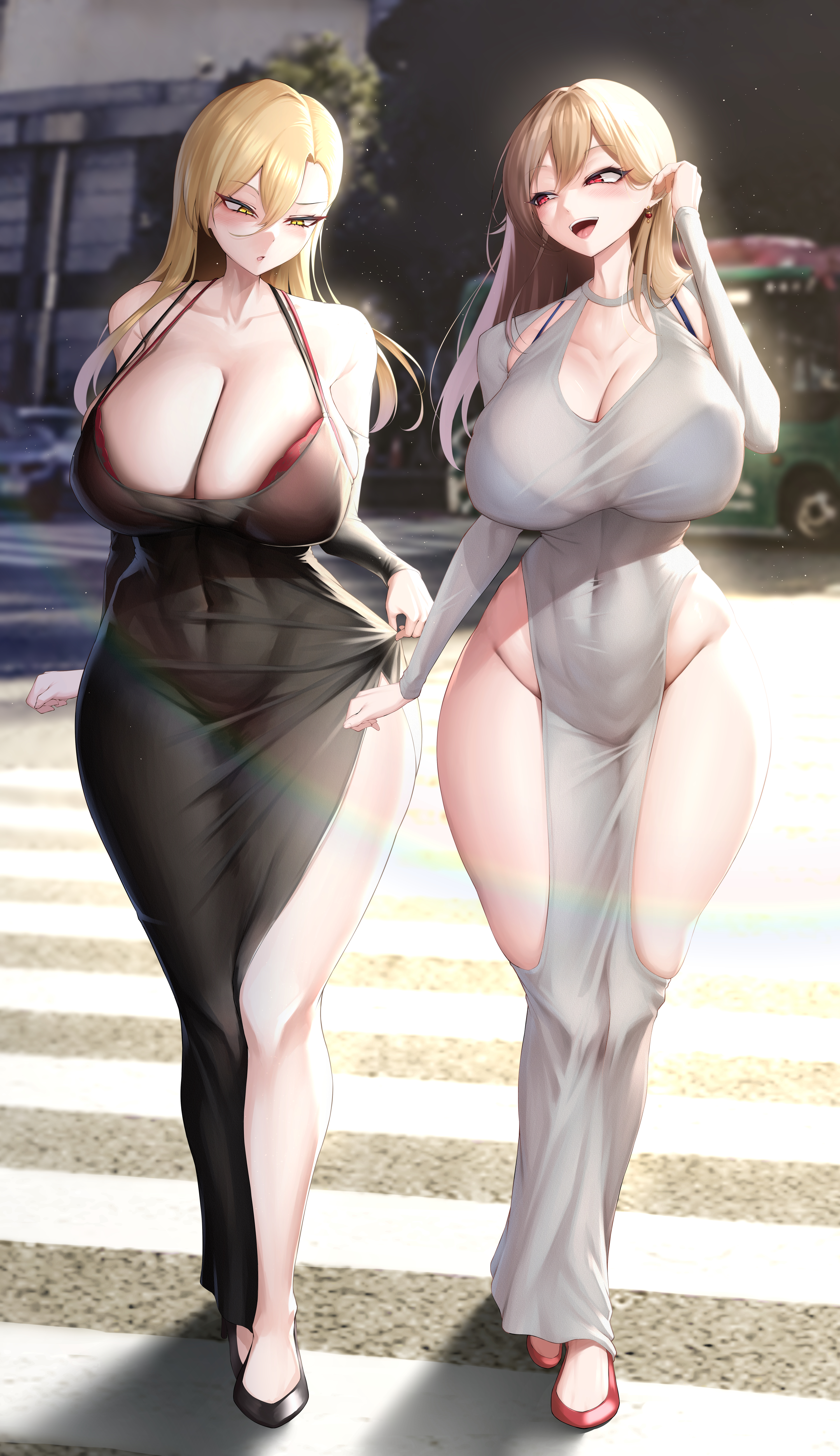 2girls, absurd res, big breasts, black dress, blonde hair, curvy, curvy figure, dress, furen e lustario, huge breasts, huge thighs, mikage 77777, nijisanji, nui sociere, pale skin, red bikini, red eyes, street, thick thighs, tucking hair, virtual youtuber, white dress, yellow eyes