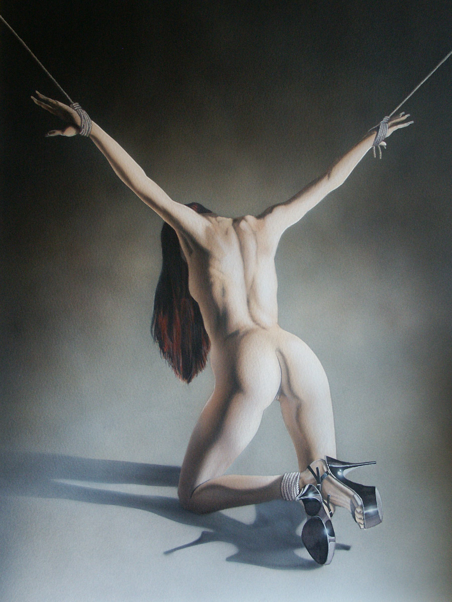 2008 ass ass_focus back_view brown_hair female high_heels long_hair long_nails naked naked_female nude nude_female pussy rope solo solo_female