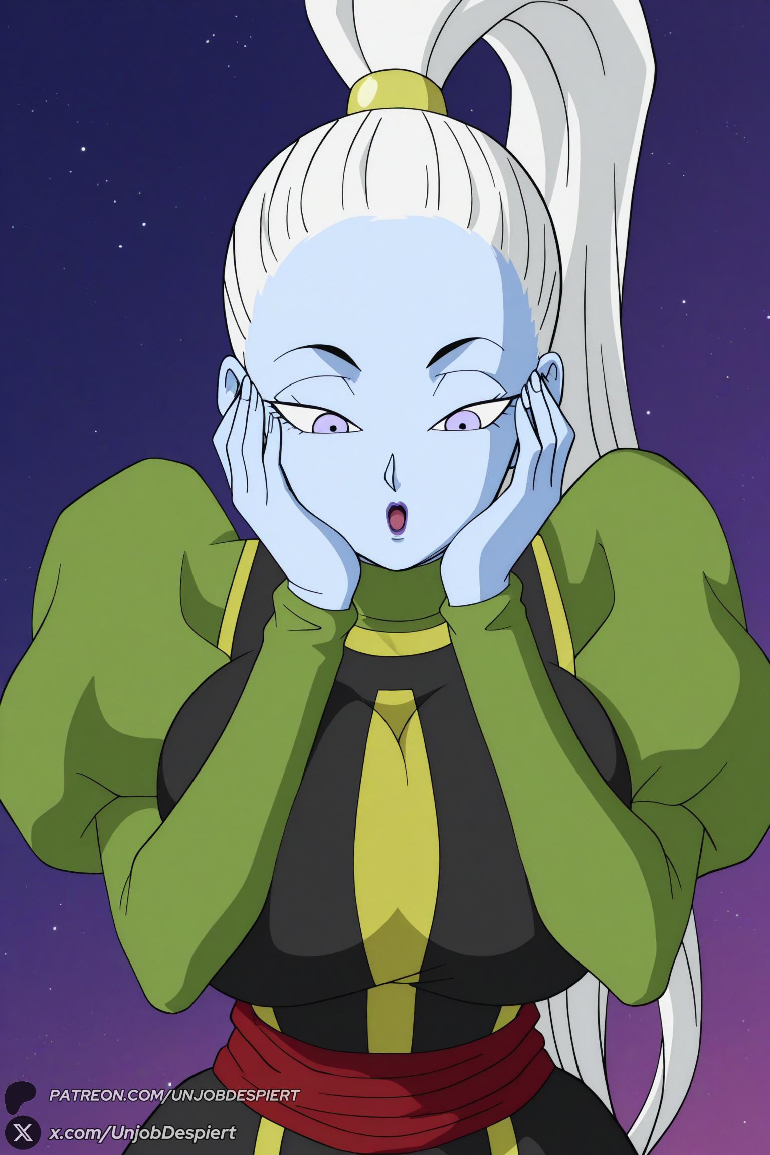 1female 1girl 1girls 2026 ai_generated artist_name big_ass big_breasts blue_skin breasts colored_skin curvy dragon_ball dragon_ball_super dragon_ball_z hair_pulled_back hands_on_own_cheeks hands_on_own_face hi_res high_ponytail high_quality high_resolution highres huge_ass huge_breasts juliet_sleeves large_breasts long_hair long_sleeves looking_at_viewer open_mouth patreon patreon_username ponytail puffy_sleeves purple_eyes sash sky solo star_(sky) starry_sky twitter_username unjobdespiert upper_body vados watermark white_hair