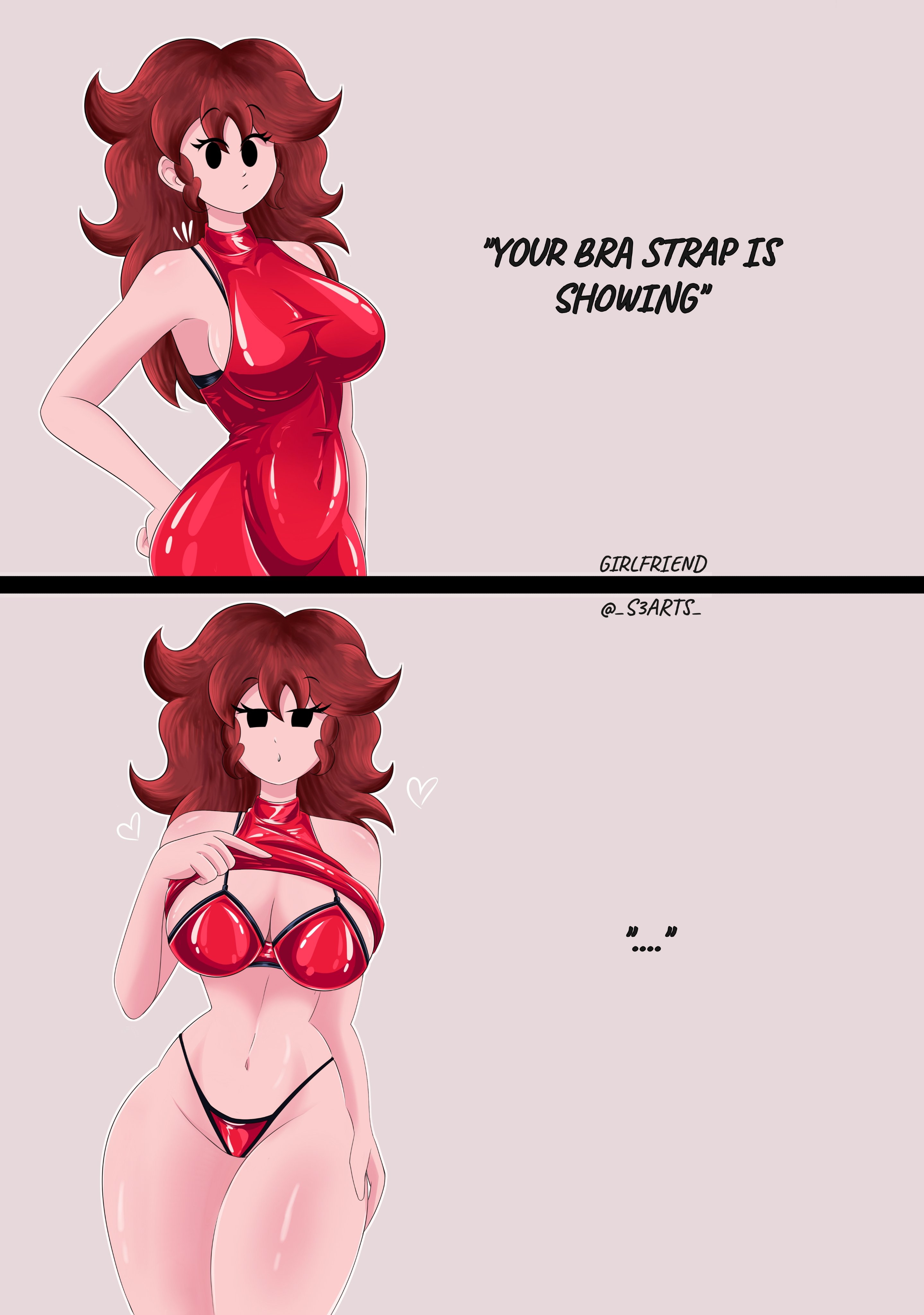 1girl, 1girls, auburn hair, belly, belly button, black eyes, bra, bra strap is showing (meme), brown hair, dress, dress lift, female, female only, friday night funkin, girlfriend (friday night funkin), long hair, red dress, s3arts, tagme