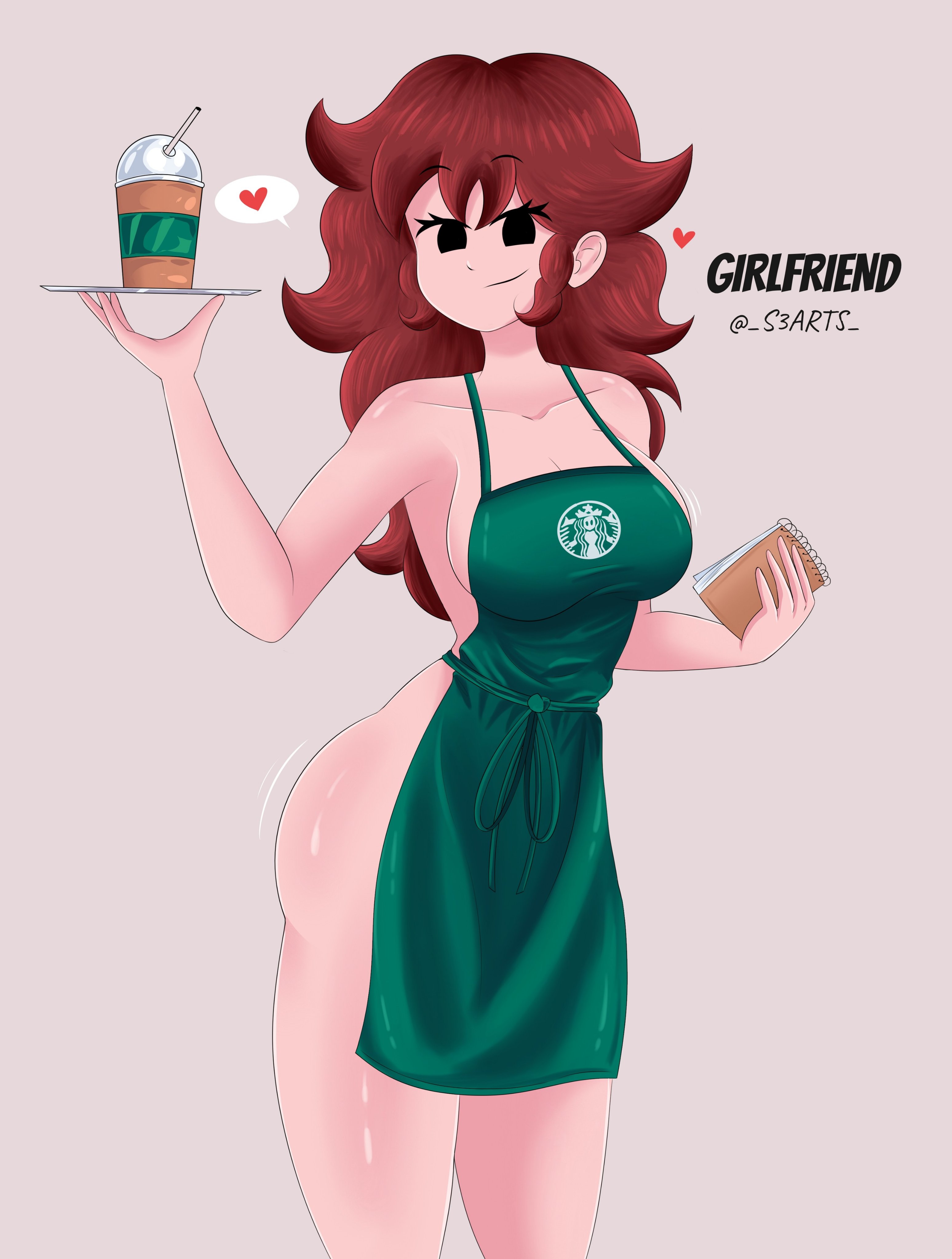 ass, auburn hair, black eyes, boobs, breasts, drink, female, female only, friday night funkin, girlfriend (friday night funkin), half naked, heart, hearts, hearts around head, long hair, naked apron, s3arts, starbucks, tagme, tits