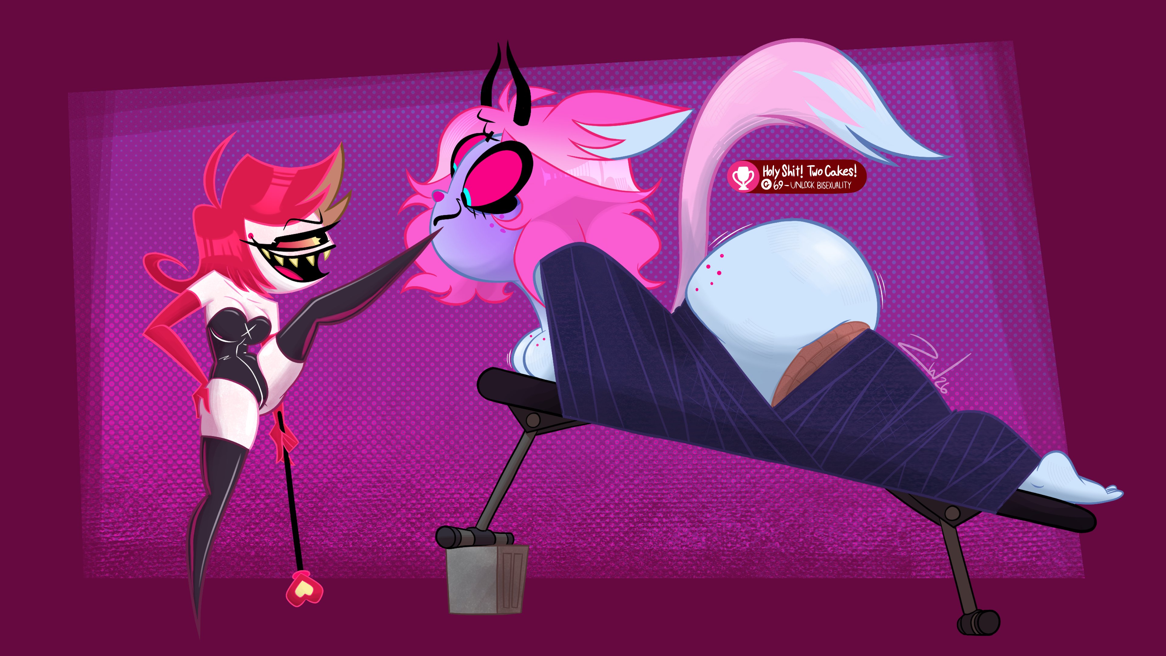2girls, 3 eyes, alternate version available, anthro, artist request, bdsm, bdsm gear, big ass, big breasts, big butt, blue skin, blue-skinned female, blush, blushing, cat ears, cat girl, cat tail, colored hair, completely nude, completely nude female, crossover, dominant, dominant female, domination, dominatrix, emberlynn pinkle, emberlynn pinkle (demon form), female, female focus, female only, hazbin hotel, hellaverse, helluva boss, huge ass, huge butt, latex suit, niffty, pink hair, red hair, shortstack, small dom big sub, submissive, submissive female, tail, yuri