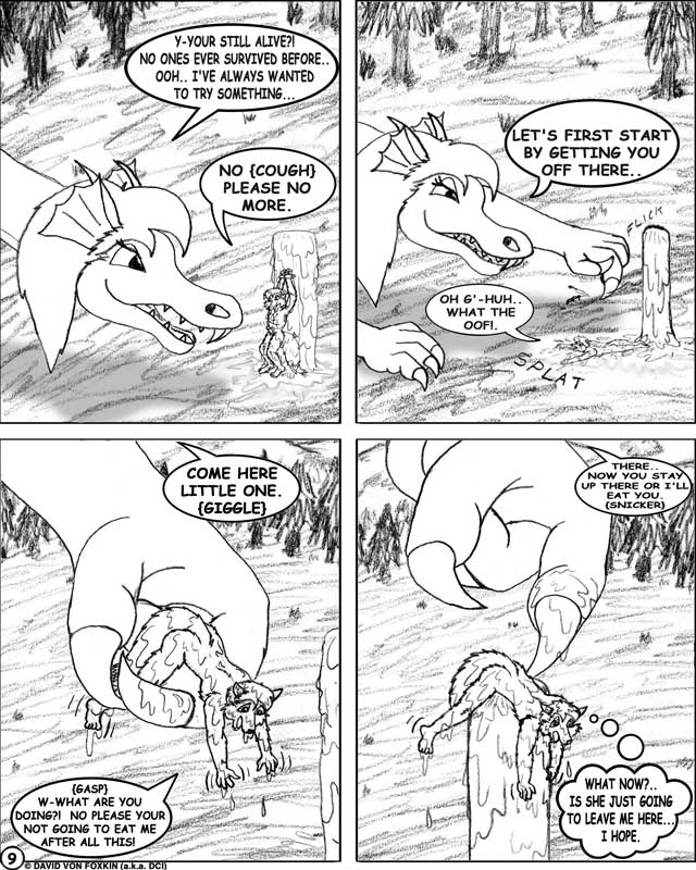 bondage canine comic cum dci dragon english_text female fox macro male mammal monochrome penis sacrifice scalie scared size_difference text