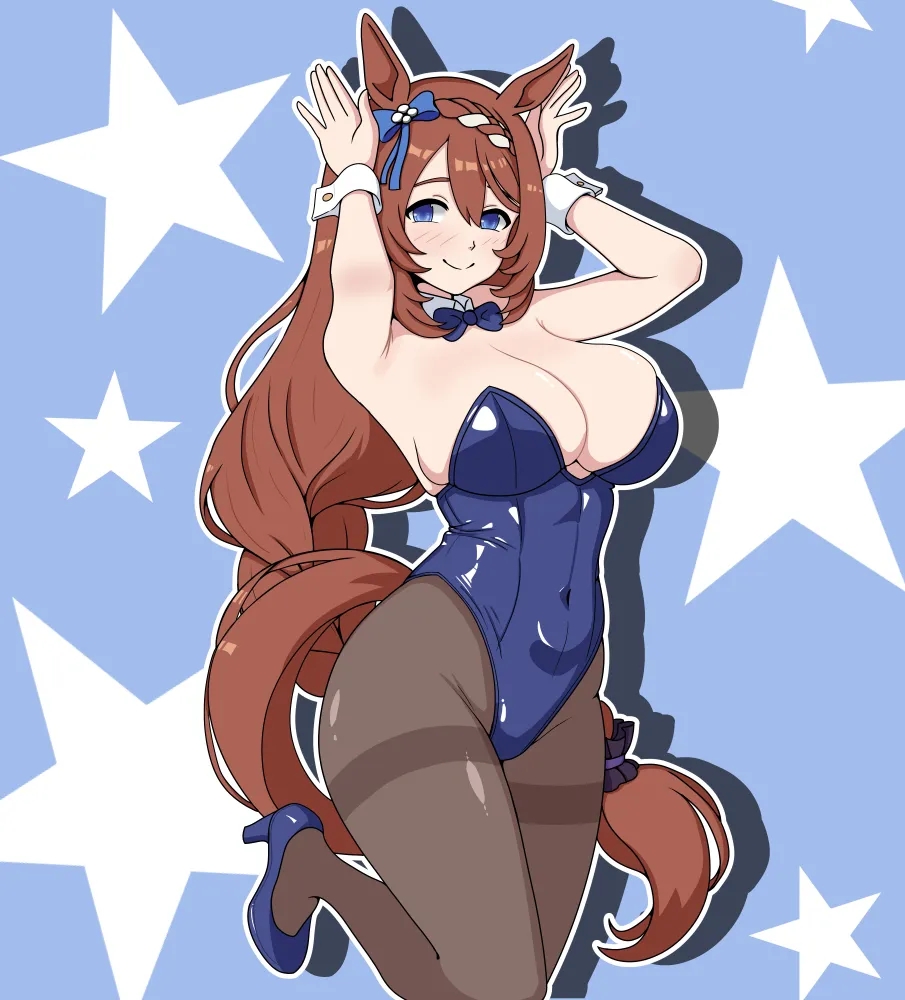 1girls, 2d, 2d (artwork), 2d artwork, adult, adult female, animal ears, animal tail, armpit, armpit crease, armpit peek, armpits, background, belly button, big breasts, blue background, blue bowtie, blue bunnysuit, blue eyes, blue footwear, blue high heels, blue leotard, blue shoes, blue topwear, blue-eyed female, blush face, blush lines, blushing, blushing at viewer, blushing female, blushing lines, bowtie, breasts, brown hair, brown legwear, brown pantyhose, brown-haired female, bunny costume, bunnygirl, bunnygirl outfit, bunnysuit, busty, busty female, busty girl, calves, cleavage, closed mouth smile, collar, collarbone, curvaceous, curvaceous body, curvaceous female, curvaceous figure, curvaceous hips, curvy, curvy body, curvy female, curvy figure, curvy hips, digital, digital art, digital drawing, digital drawing (artwork), digital media, digital media (artwork), drawing, elbows, eviconstantine, female, female focus, female only, fingers, flushed, flushed cheeks, flushed face, footwear, from front, front view, full body, groin, hair between eyes, hairless armpits, hi res, high heels, high res, high resolution, highres, horse ears, horse girl, horse tail, hourglass figure, huge breasts, inframammary fold, inguinal crease, inguinal ligament, knees, large breasts, lean figure, legs, legwear, leotard, long hair, looking at viewer, mature, mature female, mature woman, multicolored background, narrow waist, navel, pantyhose, plain background, plump breasts, ponytail, portrait, posing, posing for the viewer, presenting armpit, shaved armpits, shoes, shoulders, skindentation, slender body, slender waist, slim female, slim waist, smile, smiley face, smiling, smiling at viewer, solo, standing, super creek (umamusume), thick thighs, thighs, tied hair, top view, topwear, two-tone background, umamusume, umamusume pretty derby, very long hair, very long hair female, vly, voluptuous, voluptuous body, voluptuous female, voluptuous figure, voluptuous woman, white background, white collar, white wrist cuffs, wide hips, woman, wrist cuffs