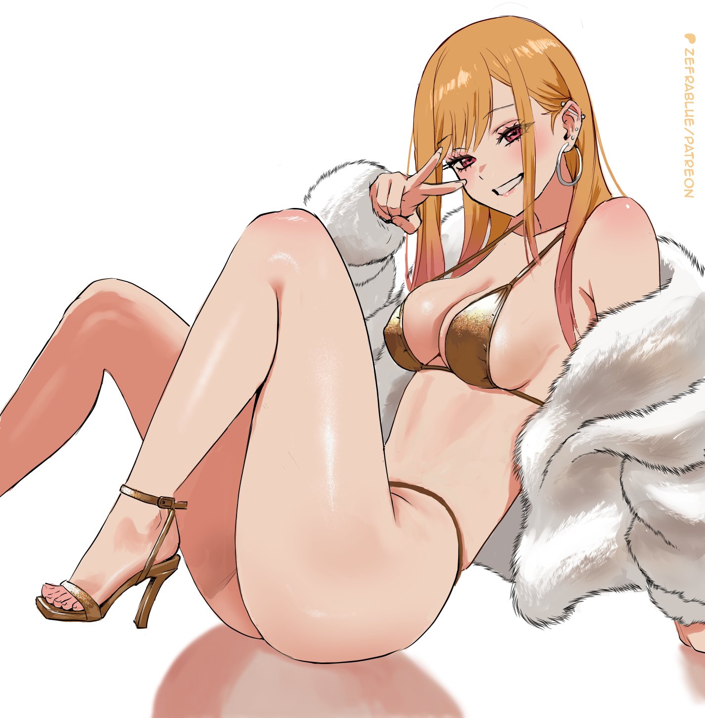 1girls, artist name, bikini, blonde hair, blush, blushing, breasts, cleavage, coat, earrings, female, female only, fur coat, golden bikini, golden week, gyaru, heels, high heels, hoop earrings, jewelry, kitagawa marin, looking at viewer, medium breasts, my dress up darling, open clothes, peace sign, piercing, pink eyes, sitting, solo, solo female, sono bisque doll wa koi wo suru, thick, thick thighs, thighs, watermark, white background, zefra bleu