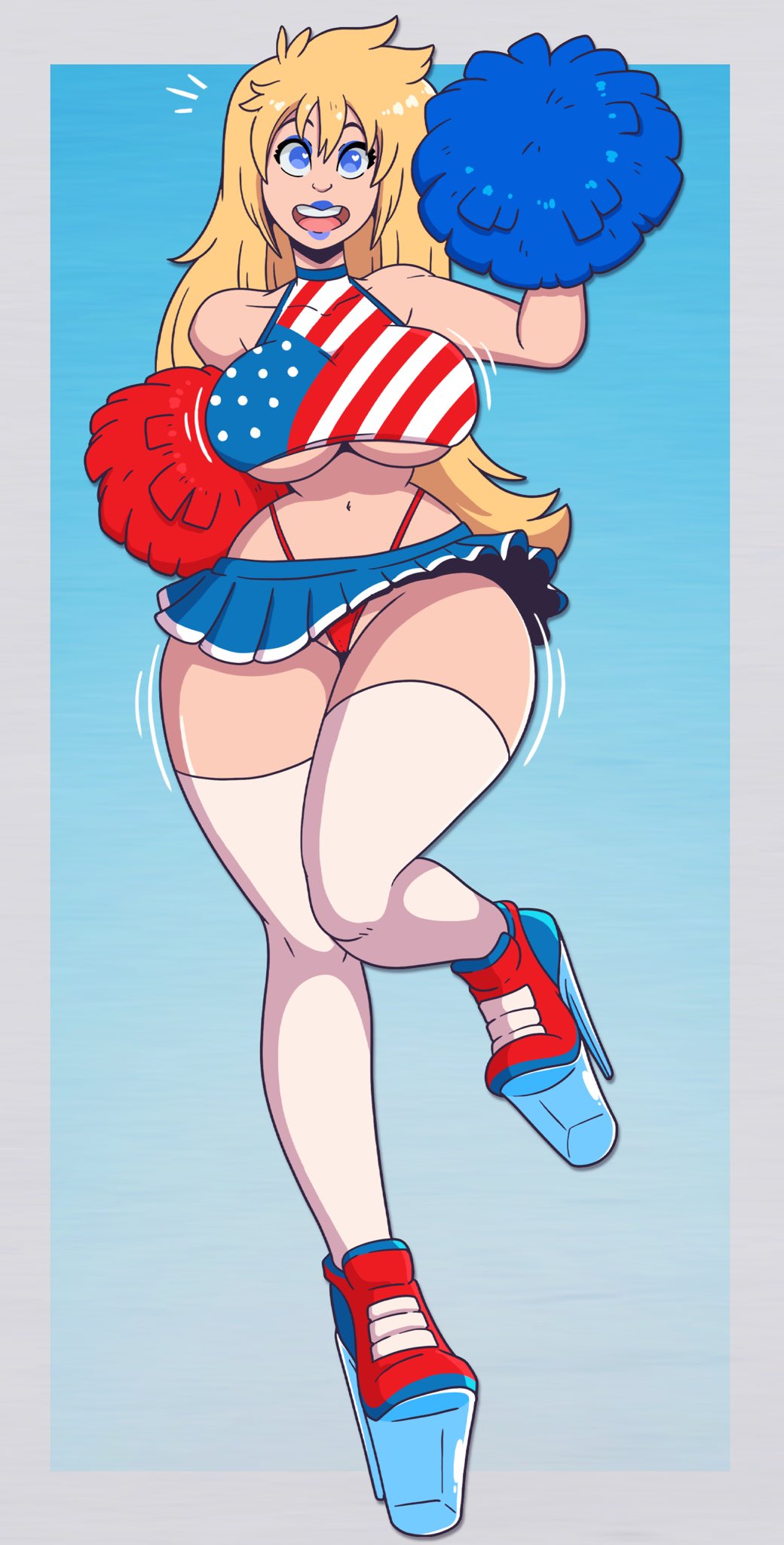 1girls, alternate version available, american flag, american flag shirt, bimbo, bimbo body, bimbofication, blonde hair, blue eyes, blue lipstick, cheerleader, female, female only, femsub, flag bikini, happy trance, high heels, huge breasts, large breasts, long hair, miniskirt, panties, platform heels, revealing clothes, skimpy clothes, skirt, tagme, thick thighs, upskirt, wide hips, wrenzephyr2