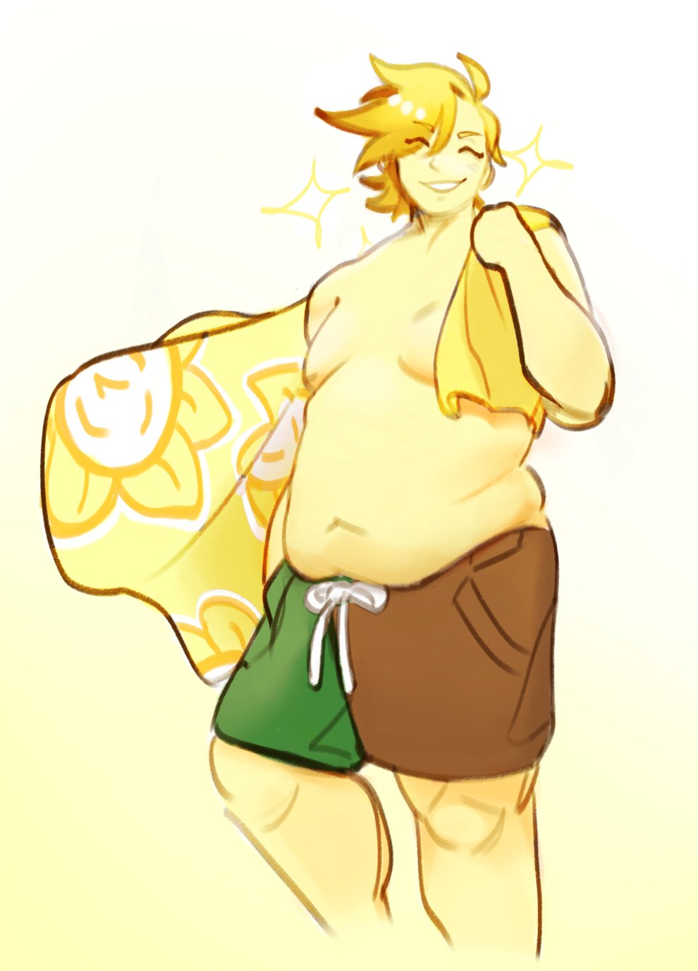 2026, beach towel, belly, belly overhang, blonde hair, blonde male, chubby, chubby belly, chubby male, deltarune, deltarune chapter 5, digital art, fat, fat belly, fat legs, fat male, flowery, moobs, partially clothed, pretty boy, simple background, smiling, smiling at viewer, sparkles, swim trunks, topless, topless male