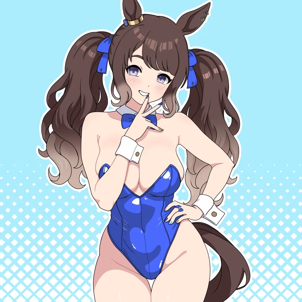 1:1, 1:1 aspect ratio, 1girls, 2d, 2d (artwork), 2d artwork, animal ears, animal tail, background, bare armpits, bare arms, bare chest, bare hands, bare hips, bare legs, bare shoulders, bare skin, bare thighs, belly button, big boobs, big breasts, blue background, blue bowtie, blue bunnysuit, blue fingernails, blue hair ribbon, blue hair tie, blue leotard, blue nail polish, blue nails, blue ribbon, blue topwear, bowtie, breasts, brown hair, brown-haired female, bunny costume, bunnygirl, bunnygirl outfit, bunnysuit, busty, busty female, busty girl, cleavage, collar, collarbone, curvaceous, curvaceous body, curvaceous female, curvaceous figure, curvaceous hips, curvy, curvy body, curvy female, curvy figure, curvy hips, digital, digital art, digital drawing, digital drawing (artwork), digital media, digital media (artwork), dotted background, drawing, eviconstantine, exposed armpits, exposed arms, exposed chest, exposed hips, exposed legs, exposed shoulders, exposed skin, exposed thighs, female, female focus, female only, fingernails, fingers, from front, front view, geometric background, gradient hair, grin, grinning, grinning at viewer, groin, hair between eyes, hair ribbon, hair tie, halftone background, head tilt, hip dips, horse ears, horse girl, horse tail, hourglass figure, inframammary fold, inguinal crease, inguinal ligament, large boobs, large breasts, lean figure, leotard, light brown hair, light brown-haired female, light-brown hair, long hair, looking at viewer, multicolored background, multicolored hair, nail polish, nails, narrow waist, navel, parted bangs, parted lips, pattern background, plain background, posing, posing for the viewer, purple eyes, purple-eyed female, ribbon, shoulders, slender body, slender waist, slim female, slim waist, smile, smiley face, smiling, smiling at viewer, solo, standing, thick thighs, thigh gap, thighs, tied hair, tilted head, top view, topwear, tosen jordan (umamusume), twintails, twintails (hairstyle), two-tone background, umamusume, umamusume pretty derby, upper body, violet eyes, violet-eyed female, voluptuous, voluptuous body, voluptuous female, voluptuous figure, voluptuous woman, wavy hair, white background, white collar, white wrist cuffs, wide hips, wrist cuffs