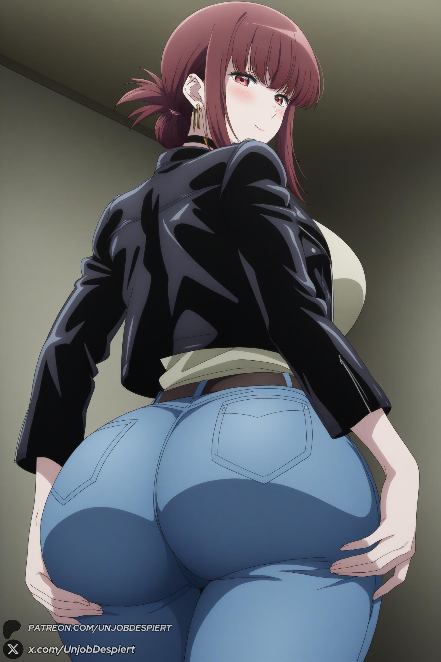 1female 1girl 1girls 2026 ai_generated artist_name ass bangs belt big_ass big_breasts black_jacket blush breasts brown_hair choker curvy denim earrings folded_ponytail from_behind hands_on_own_ass hi_res high_quality high_resolution highres huge_ass huge_breasts jacket jeans jewelry large_breasts leather leather_jacket long_sleeves looking_at_viewer looking_back mature_female pants patreon patreon_username red_eyes shirt sidelocks smile solo super_no_ura_de_yani_suu_futari tayama_(super_no_ura_de_yani_suu_futari) unjobdespiert watermark