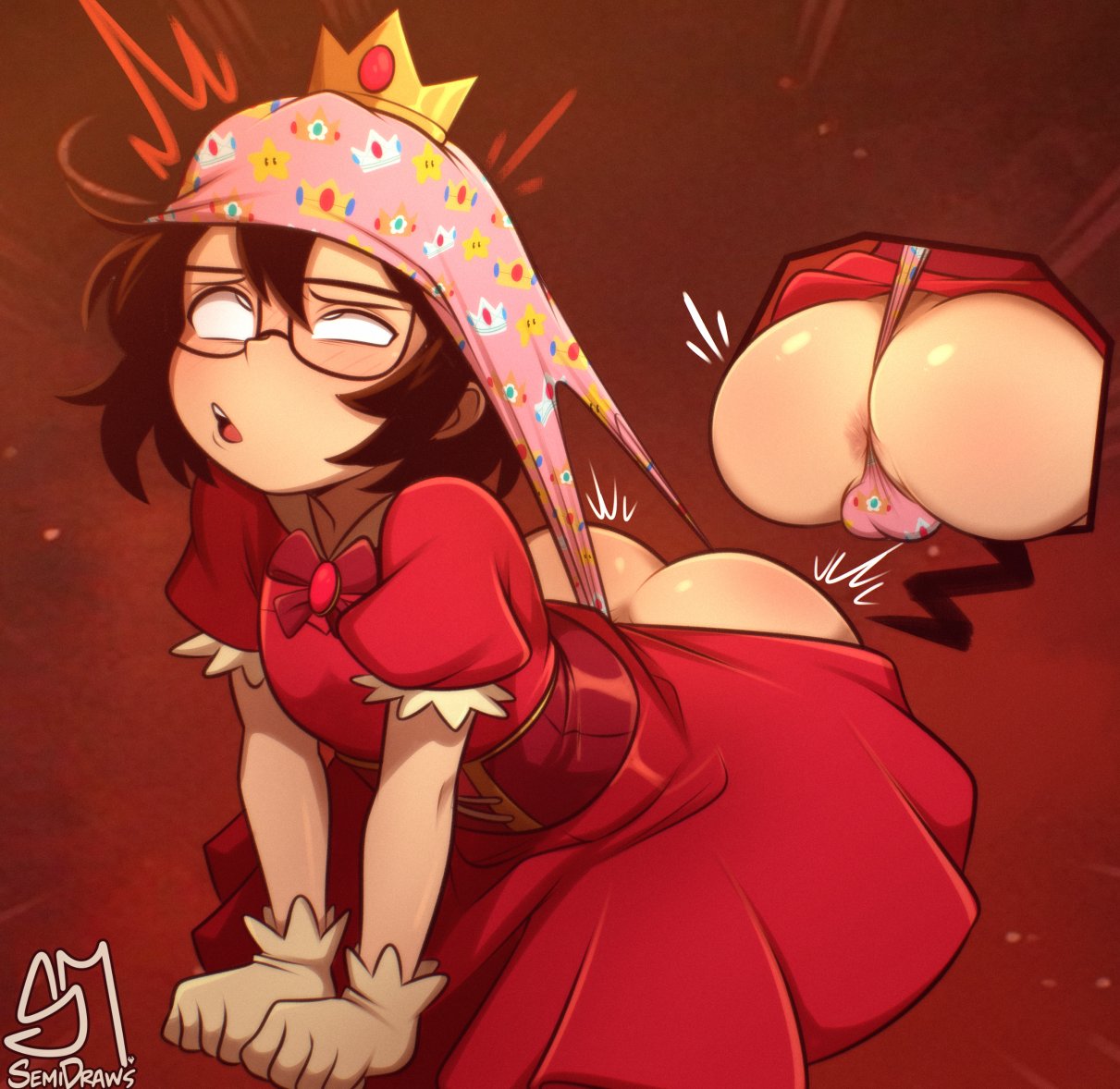 crossdressing crown embarrassed fat_ass femboy glasses panties princess princess_dress semidraws semifemboi_(semidraws) solo solo_male wedgie