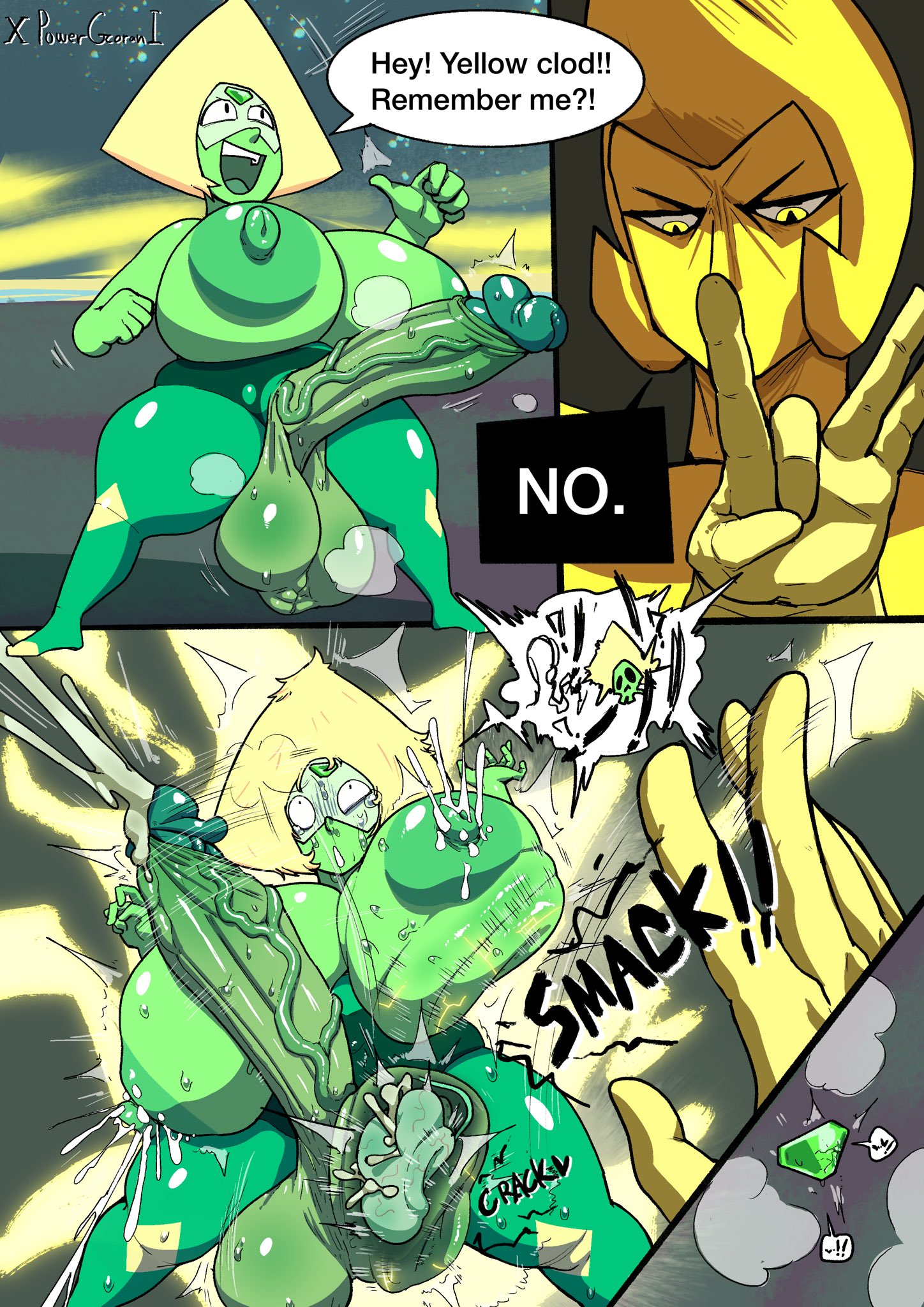 1futa, 1girls, ballbusting, ballbusting orgasm, balls x-ray, futa ballbusting, gigantic breasts, gigantic penis, green nipples, green skin, hyper penis, pain, peridot (steven universe), powergorani, puffy nipples, shiny skin, smile, steven universe, telekinesis, thick thighs, x-ray, yellow diamond (steven universe), yellow hair