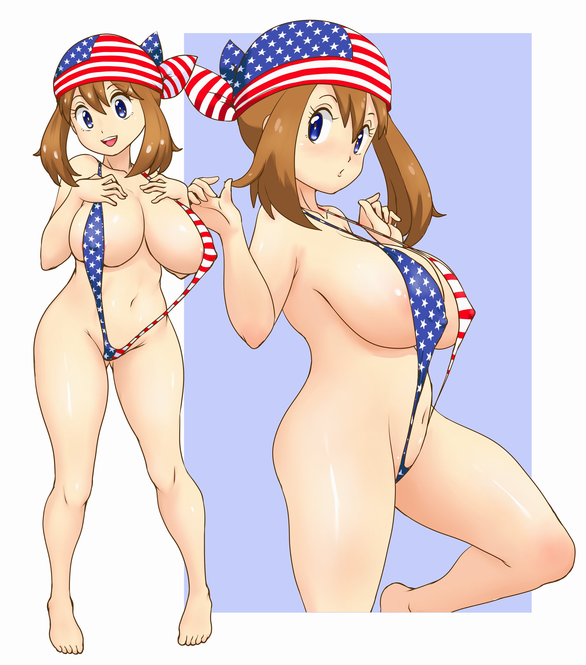 1girls, american flag bikini, bandana, big breasts, blue eyes, breasts, brown hair, cleavage, female, female only, game freak, hand on hip, headwear, hips, may (pokemon), pokemon, pokemon rse, revealing clothes, skimpy, skimpy bikini, smile, solo, solo female, swimwear, thighs, tof
