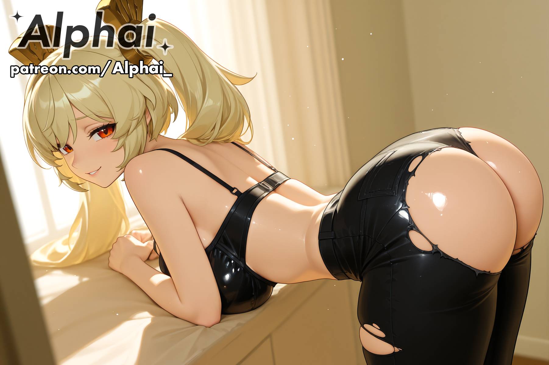 1girl, 2025, 2026, 4k, absurd res, absurdres, ai, ai art, ai assisted, ai generated, ai-created, ai-generated, alphai, anime, arched back, ass, ass focus, back view, bare shoulders, bent over, big ass, big butt, blonde hair, blushing, bra, bra strap, bubble ass, bubble butt, burnice white, cinematic lighting, close-up, clothing, colorful background, curvaceous, curvy, curvy female, curvy figure, depth of field, detailed hair, detailed skin, detailled background, dramatic shadows, eyelashes, eyeliner, fat ass, female face, female focus, female only, glistening, glistening body, glistening skin, high quality, high resolution, highres, hoyoverse, huge ass, large ass, leaning forward, light skin, light-skinned female, mihoyo, naughty face, particles, patreon, patreon link, patreon url, patreon username, raised eyebrows, rear view, ripped clothing, ripped pants, seductive eyes, shiny, shiny ass, shiny butt, shiny skin, solo, thick ass, thick thighs, thighs, torn clothes, torn clothing, torn legwear, torn pants, twintails, volumetric lighting, voluptuous, voluptuous female, watermark, zenless zone zero, zzz