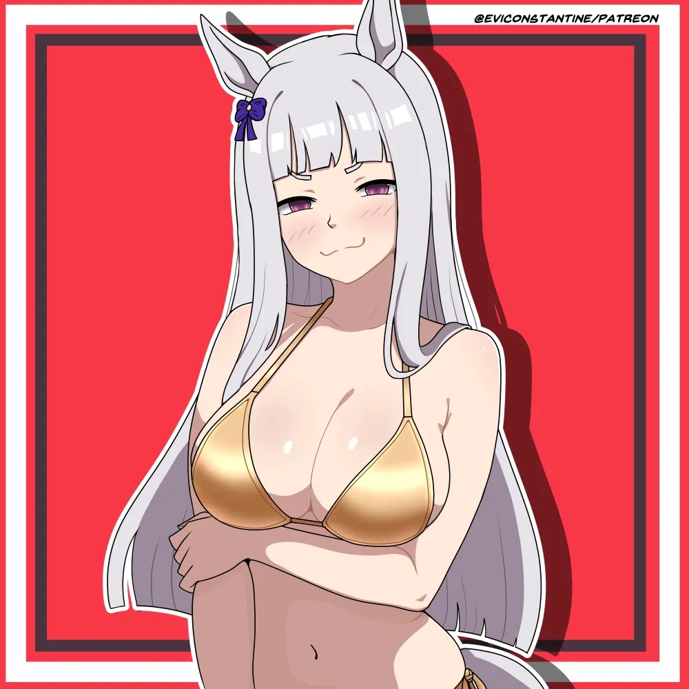 ///, 1girls, 2d, 2d (artwork), 2d artwork, animal ears, animal tail, arm under breast, arm under breasts, background, bare arms, bare belly, bare chest, bare hands, bare hips, bare midriff, bare navel, bare shoulders, bare skin, belly, belly button, big boobs, big breasts, bikini, bikini bottom, bikini only, bikini top, blunt bangs, blush face, blush lines, blushing, blushing at viewer, blushing female, blushing lines, breasts, busty, busty female, busty girl, cleavage, closed mouth smile, collarbone, digital, digital art, digital drawing, digital drawing (artwork), digital media, digital media (artwork), drawing, elbows, eviconstantine, exposed arms, exposed belly, exposed chest, exposed hips, exposed midriff, exposed navel, exposed shoulders, exposed skin, female, female focus, female only, fingers, flushed, flushed cheeks, flushed face, from front, front view, gold bikini, gold bikini bottom, gold bikini top, gold ship (umamusume), gold swimsuit, gold swimwear, hair ornament, half-closed eyes, halterneck, hand on arm, hand on own arm, horse ears, horse girl, horse tail, large boobs, large breasts, lean figure, long hair, looking at viewer, midriff, monotone background, narrow waist, navel, one color background, plain background, portrait, purple eyes, purple-eyed female, red background, shoulders, slender body, slender waist, slim female, slim waist, smile, smiley face, smiling, smiling at viewer, smug, smug expression, smug eyes, smug face, smug grin, smug smile, solid color background, solo, standing, string bikini, swimsuit, swimwear, top view, touching arm, umamusume, umamusume pretty derby, upper body, white hair, white-haired female