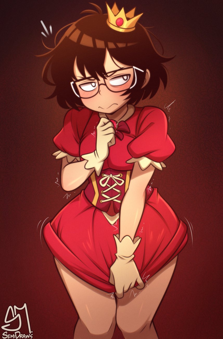covering crotch, crossdressing, crown, embarrassed, femboy, glasses, no pants, princess, princess dress, semidraws, semifemboi (semidraws), solo, solo male