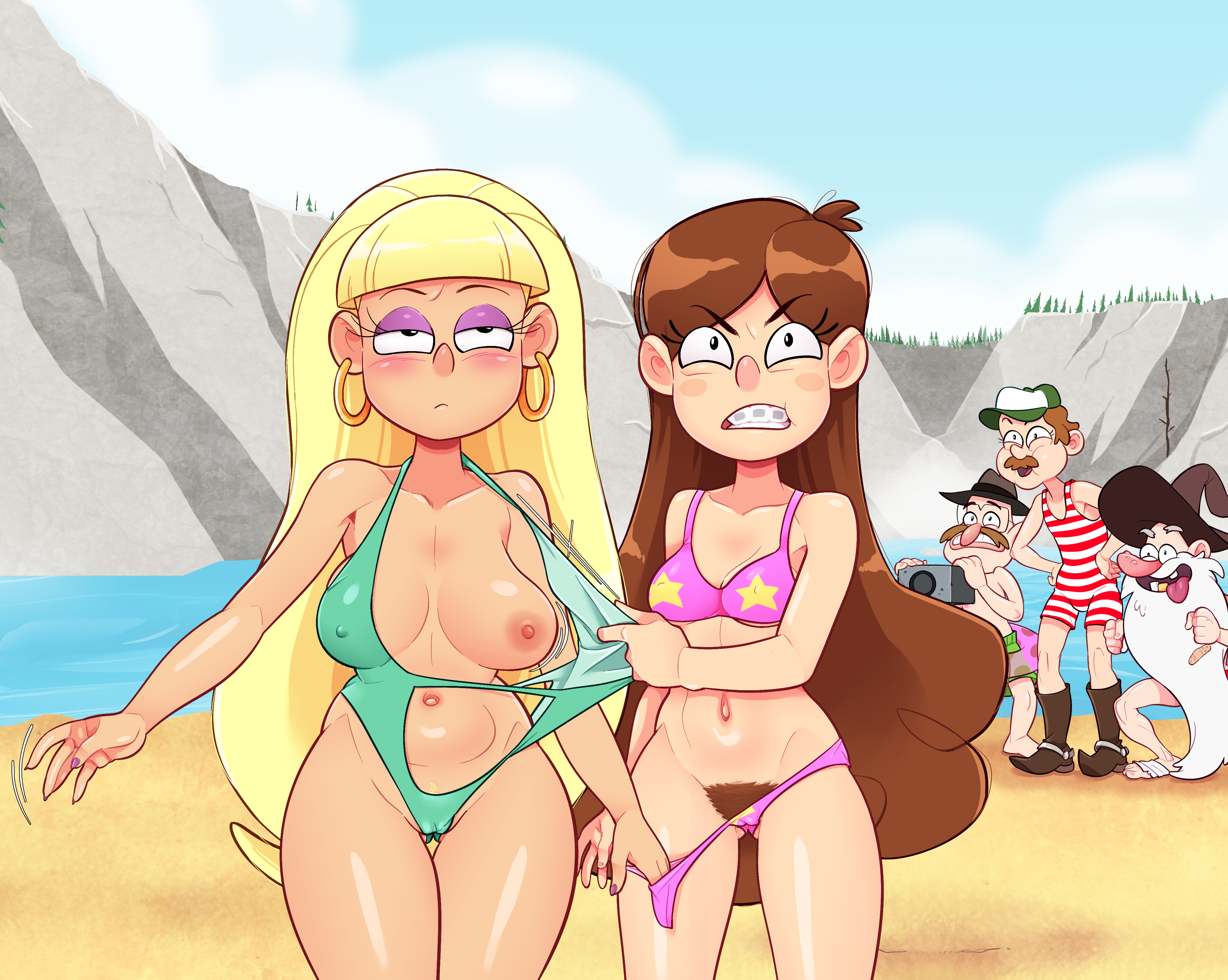 2026, 2girls, 3boys, aged up, areolae, bikini, blonde hair, braces, breast size difference, breasts, brown hair, cameltoe, cleavage, color, digital media (artwork), disney, disney channel, disney xd, duo focus, earrings, enf lover, enf-lover, exhibitionism, exposed breasts, exposed pussy, female, female focus, female pubic hair, fiddleford mcgucket, flashing, gold earrings, gravity falls, hairy, hairy pussy, hoop earrings, human, light skin, light-skinned female, light-skinned male, mabel pines, male, multiple boys, multiple girls, navel, nipple bulge, nipples, outdoors, pacifica northwest, partially clothed, pubic hair, shiny skin, swimsuit, toby determined, tyler cutebiker, uncensored, very long hair