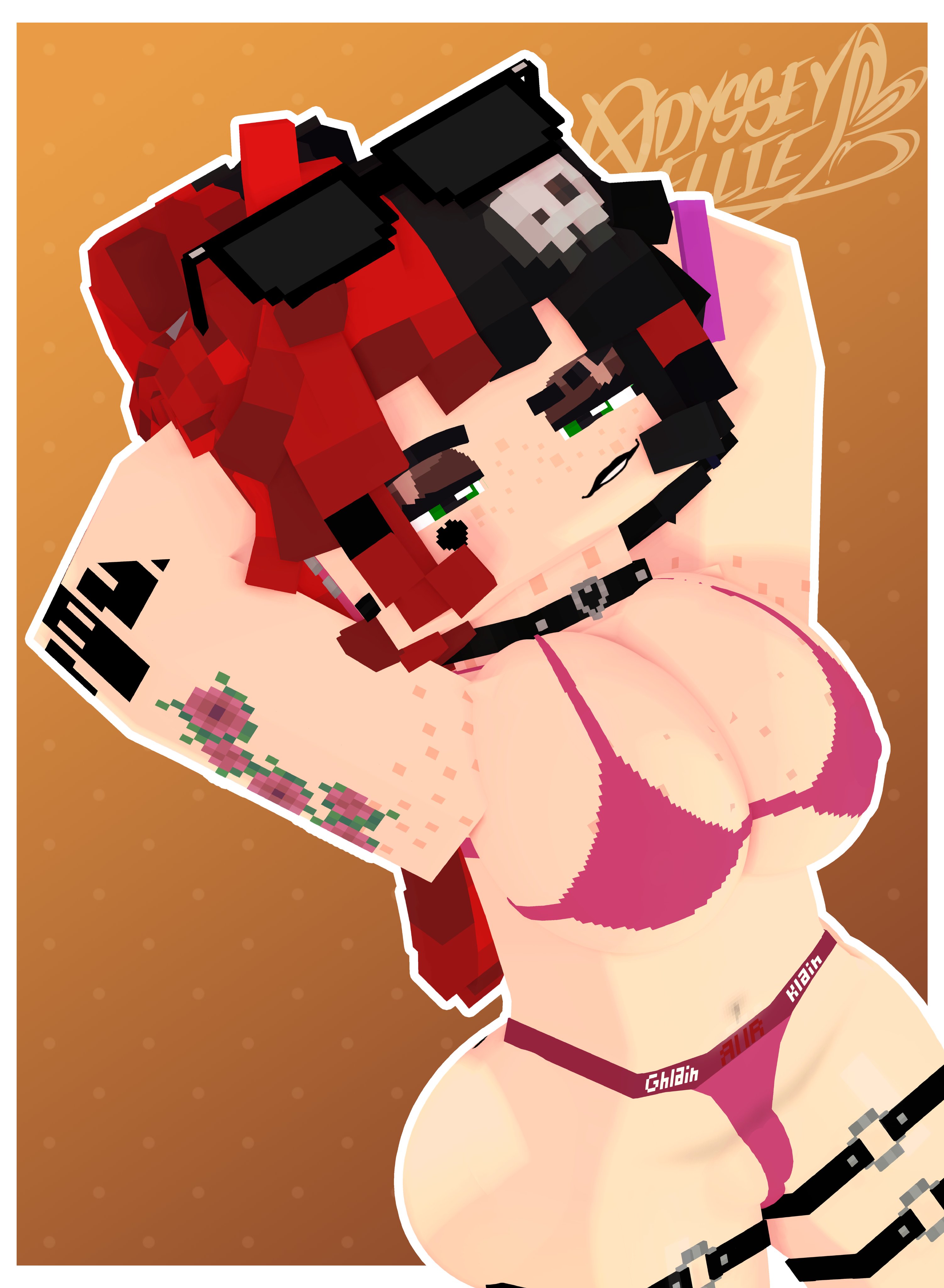 1female, 1girls, 2026, 3d, arms up, bare shoulders, big boobs, big breasts, big tits, biting lip, biting own lip, black lipstick, boobs, bracelet, breasts, choker, cleavage, curvaceous, curvy, curvy female, curvy figure, ear piercing, earrings, ellie walls (odysseyellie), eyeshadow, eyewear on head, facial tattoo, female, female only, freckles, freckles on breasts, freckles on face, freckles on shoulders, front view, glasses on head, hair ornament, half-closed eyes, hands behind head, heart tattoo, jewelry, light skin, light-skinned female, lipstick, long hair, looking at viewer, makeup, mine-imator, minecraft, mojang, narrowed eyes, neckwear, odysseyellie, piercing, piercings, presenting, shaved crotch, shaved pussy, simple background, skull hair ornament, solo, solo female, standing, tattoo, tattoo on arm, tattoo on face, tattoos, tinted eyewear, tinted glasses, tits, two-tone hair, white border
