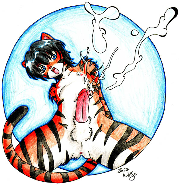 1boy anthro balls black_hair blue_eyes cum cumshot feline fur furry hair hands-free male male_only open_mouth orgasm sheath solo tiger zenia