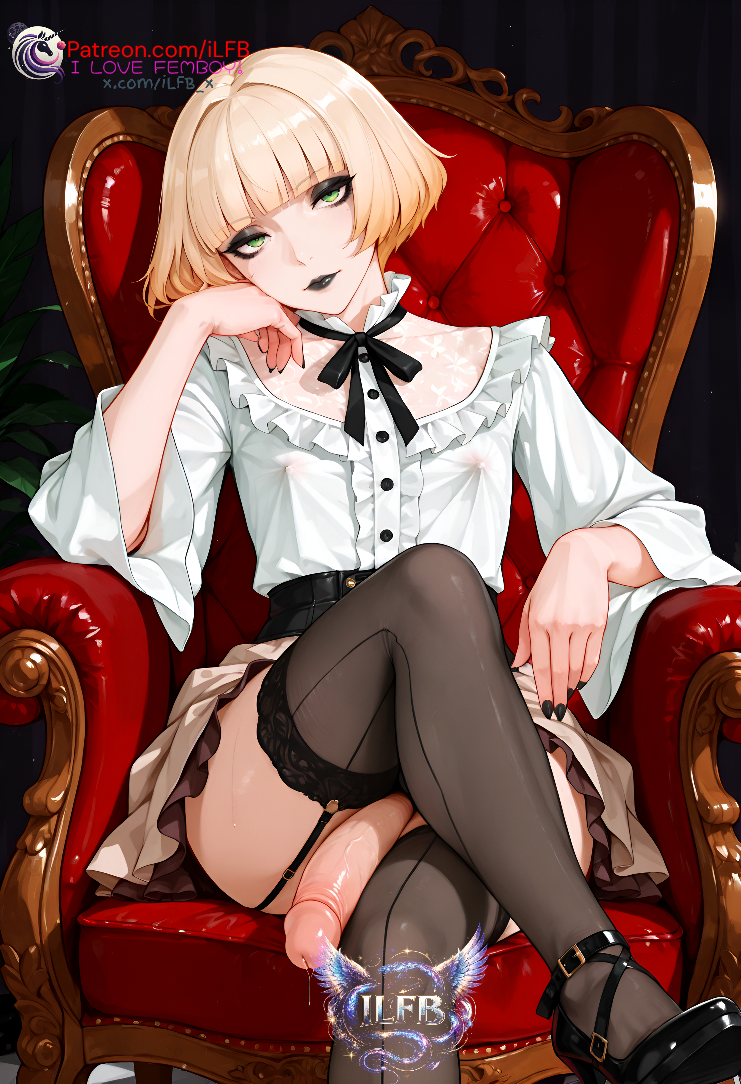 1boy, ai generated, blonde, blonde hair, femboy, flaccid, flaccid penis, goth, gothic, green eyes, half naked, half nude, half-closed eyes, half-dressed, half-erect, hi res, high heels, high quality, high resolution, ilfb, looking at viewer, medium hair, more at source, original, original character, otoko no ko, precum, request, requested, sitting, sitting down, skirt, solo, solo focus, staring, thighhighs, thighs, throne, trap, wide hips