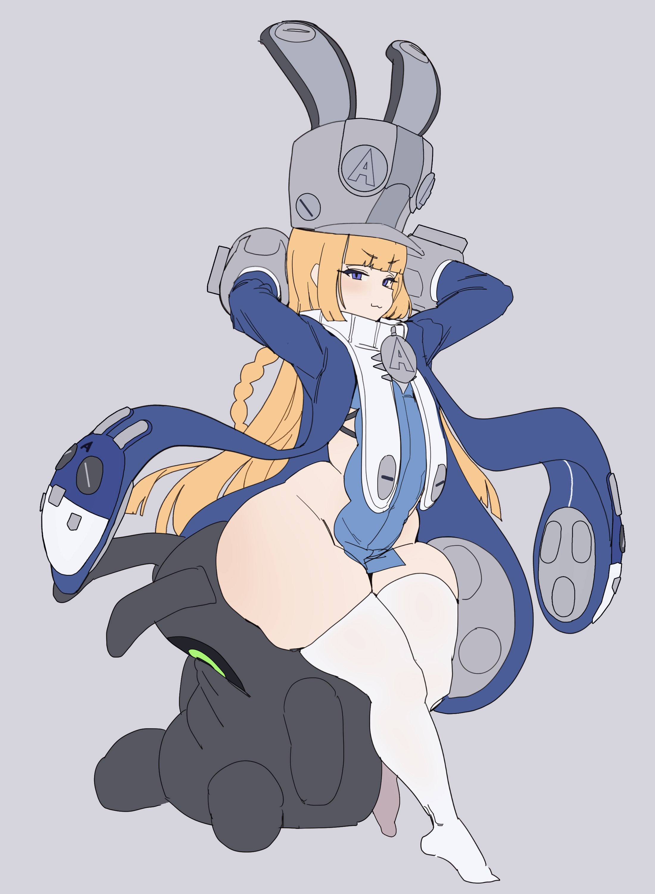 1girls, arms up, bangboo (zenless zone zero), blush, bottom heavy, bubble butt, female focus, female only, flat colors, gya rb, gyrbdark, hat, hoyoverse, huge ass, leaning back, long hair, mihoyo, mostly clothed, norma hollowell, shortstack, simple background, sitting, skimpy clothes, small breasts, smug, smug face, solo, solo female, thick thighs, thighhighs, zenless zone zero
