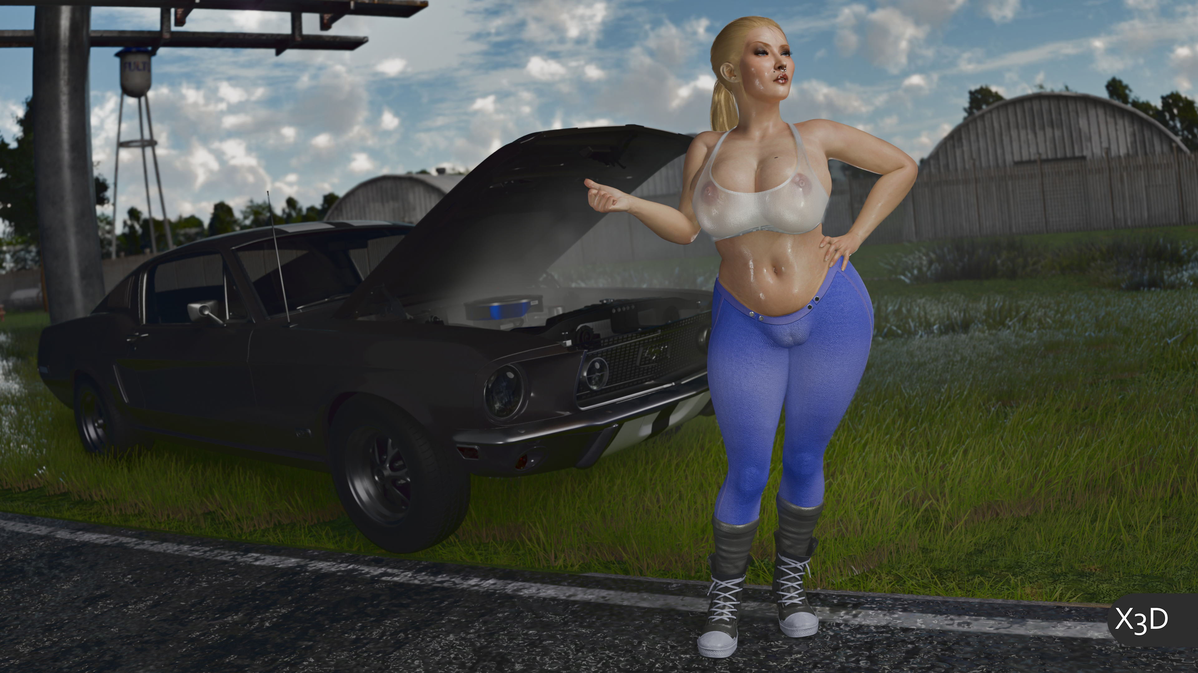 3d, belly button, bimbo, bimbo milf, bimbo samus, black car, black shoes, blonde female, blonde hair, blue yoga pants, breasts, cameltoe, car, clouds, curvy, curvy female, curvy figure, huge ass, huge breasts, laces, long hair, makeup, mole, mole on breast, nose piercing, nose ring, outdoors, outside, ponytail, samus aran, socks, solo female, street, sweat, tank top, vehicle, white shirt, white tank top, x3d, yoga pants