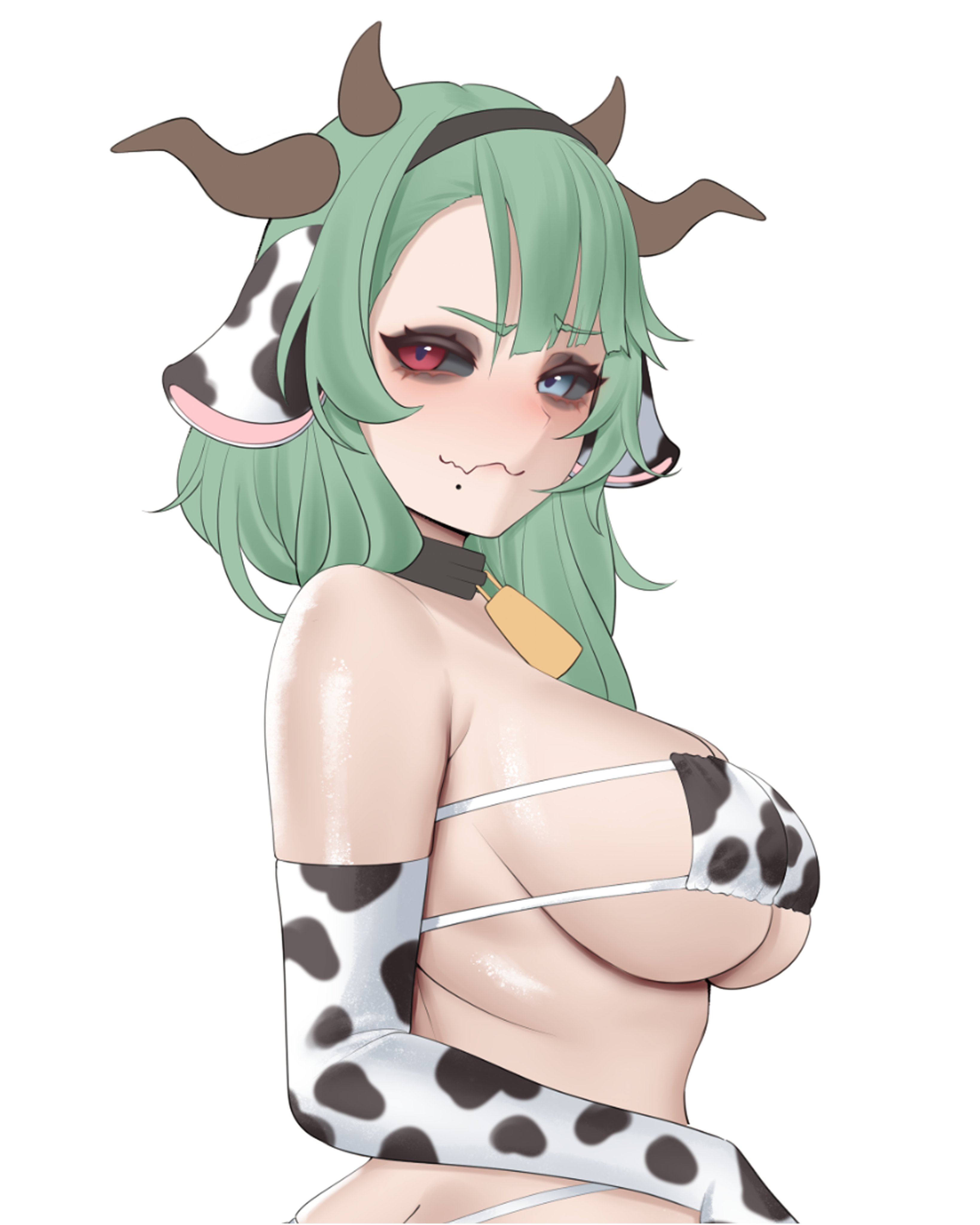 :3, 1girl, 1girls, absurdres, animal ears, animal print, armpit crease, bell, big breasts, bikini, blue eyes, breasts, brown horns, butt crack, colored sclera, commentary, cooterzi, cow ears, cow girl, cow horns, cow print, cow print bikini, cow print gloves, cowbell, crelly, elbow gloves, english commentary, eyepatch bikini, fang, female, from side, gloves, grey hair, grey sclera, hairband, half-closed eyes, heterochromia, highres, horns, indie virtual youtuber, large breasts, long hair, looking at viewer, looking to the side, mole, mole under mouth, multiple horns, oiled, print bikini, print gloves, red eyes, shiny skin, simple background, skin fang, solo, strapless, strapless bikini, swimsuit, tits, virtual youtuber, vtuber, white background