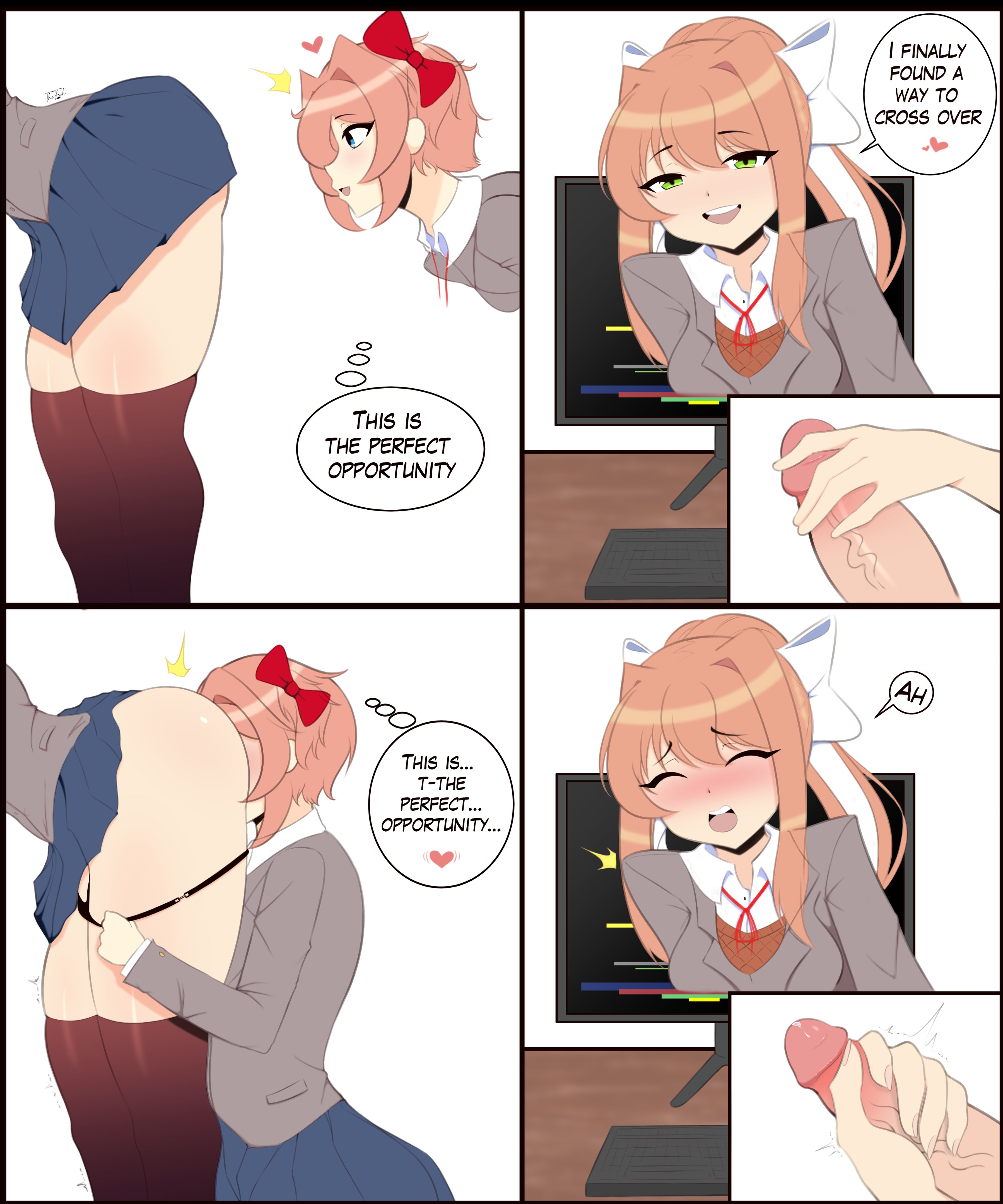 1boy, 2girls, bisexual, bisexual female, blush, bow, comic, cunnilingus, dialogue, doki doki literature club, eating ass, female, handjob, looking pleasured, male, monika (doki doki literature club), oral, oral sex, penis, pink hair, player (doki doki literature club), ponytail, sayori (doki doki literature club), text, thefishart, thick thighs, thighhighs, thighs, yuri