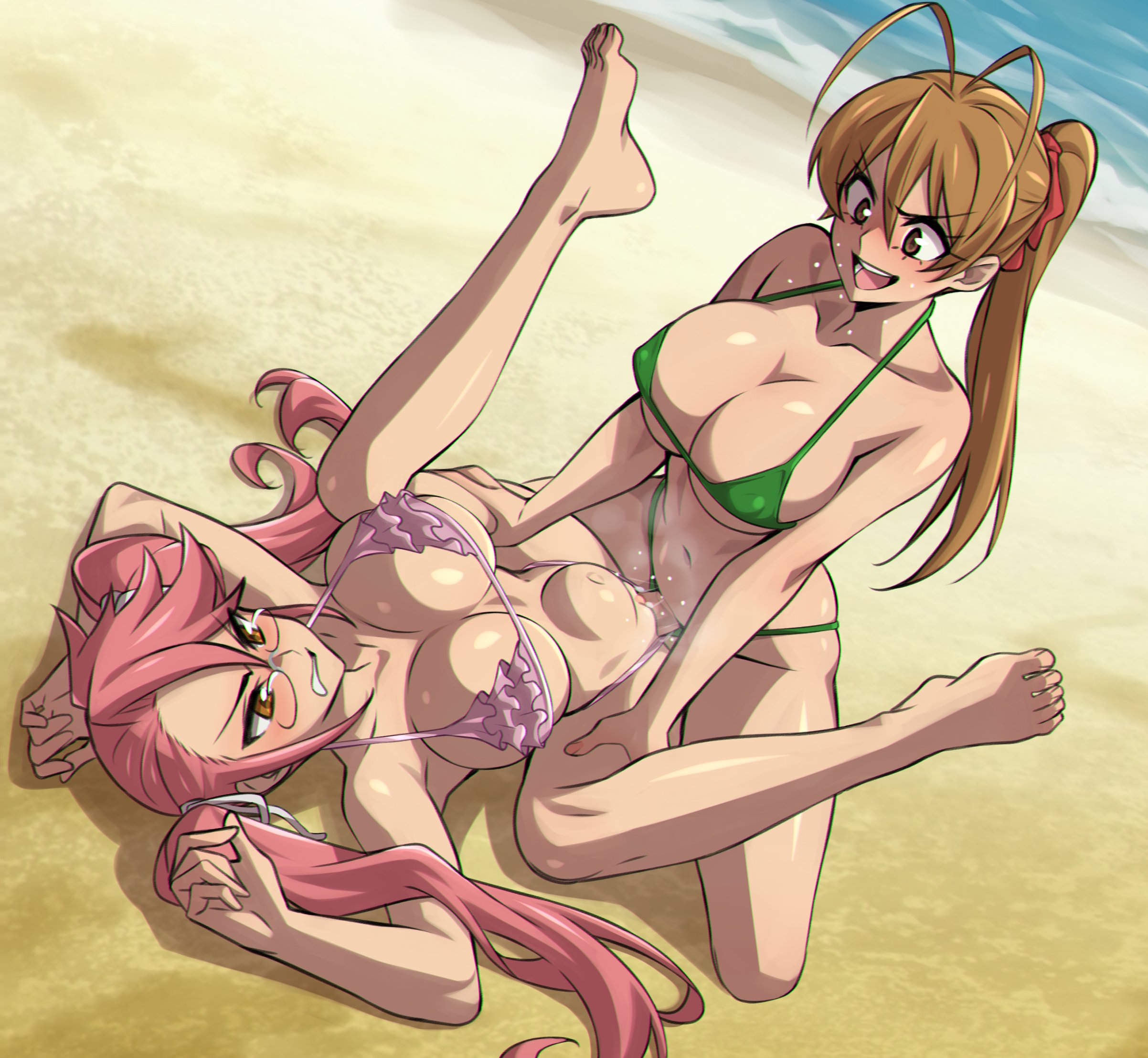 1futa, 1girls, beach, bikini, blush, brown hair, clenched teeth, embarrassed, female, female penetrated, femsub, futa on female, futa with female, futadom, futanari, glasses, highschool of the dead, hourglass figure, human, human female, large breasts, light-skinned female, light-skinned futa, long hair, lying, missionary position, navel, on back, patrickdja, penis, pink hair, ponytail, questionable consent, rei miyamoto, saya takagi, sex, slim waist, spread legs, stomach bulge, swimsuit, twintails, vaginal penetration, wide hips