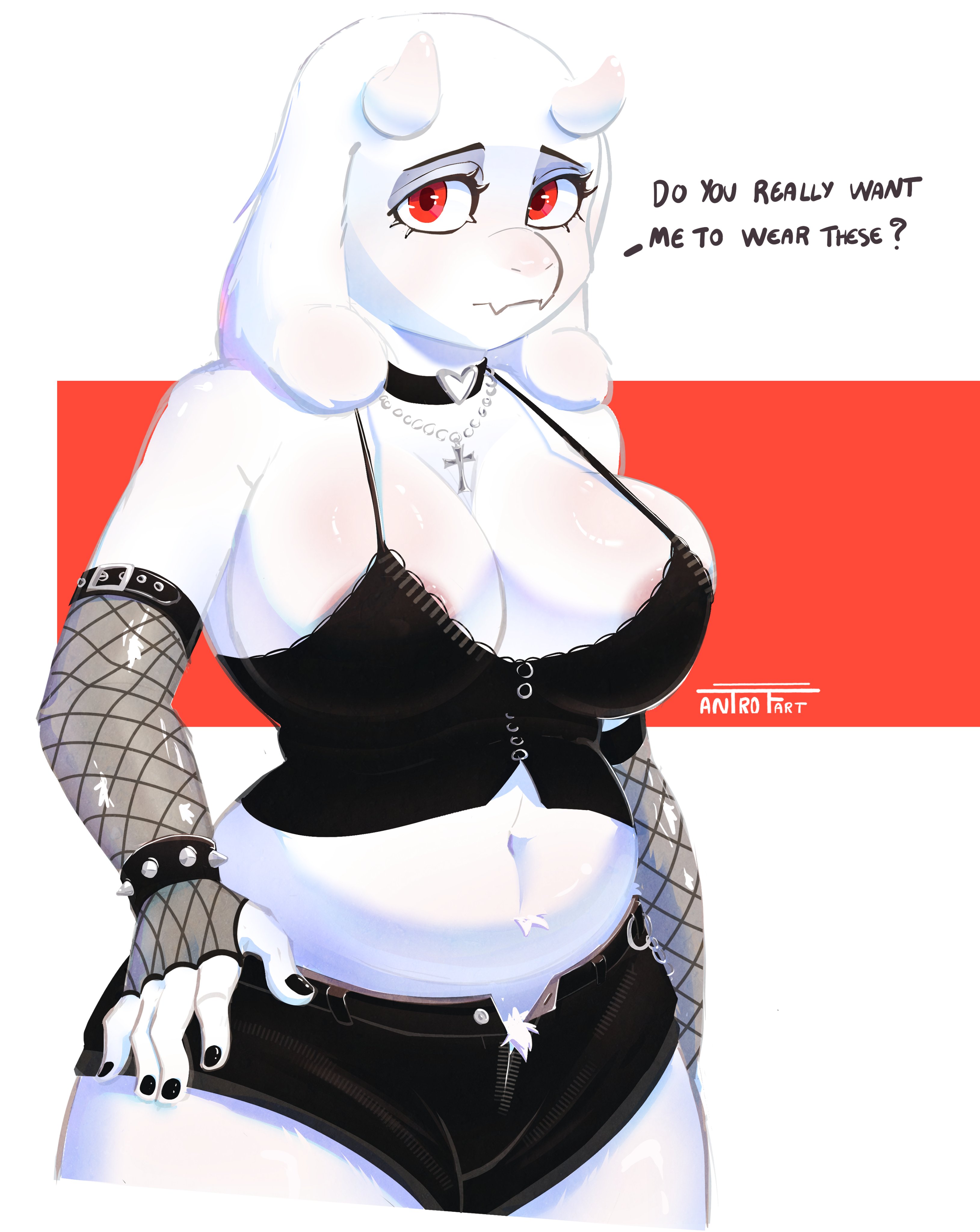 1girls, 2026, 2d, alternative fashion, anthro, antrofart, areolae, big breasts, breasts, deltarune, female, female only, furry, furry female, furry only, goth, goth girl, painted nails, red eyes, shorts, solo, toriel, undertale, undertale (series), white body, white fur