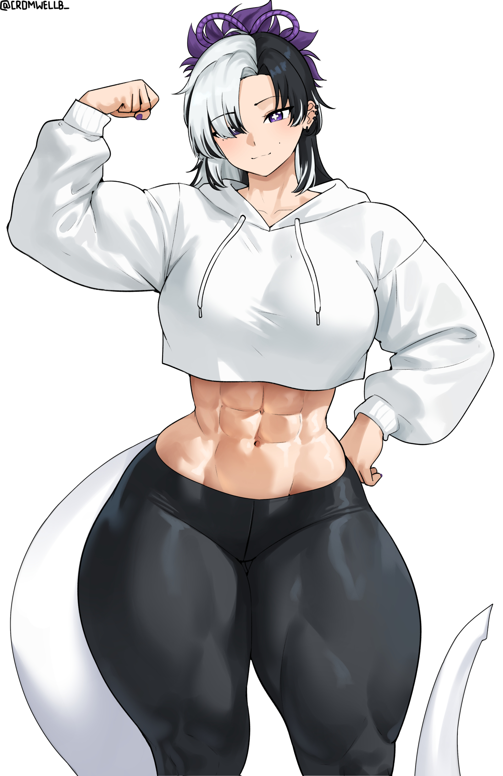 1girls, abs, absurd res, biceps, big breasts, black hair, black pants, cromwellb, flexing, huge thighs, muscles, muscular, muscular female, muscular legs, muscular thighs, original, purple eyes, purple hair, short hair, tail, thick thighs, white blouse, white hair