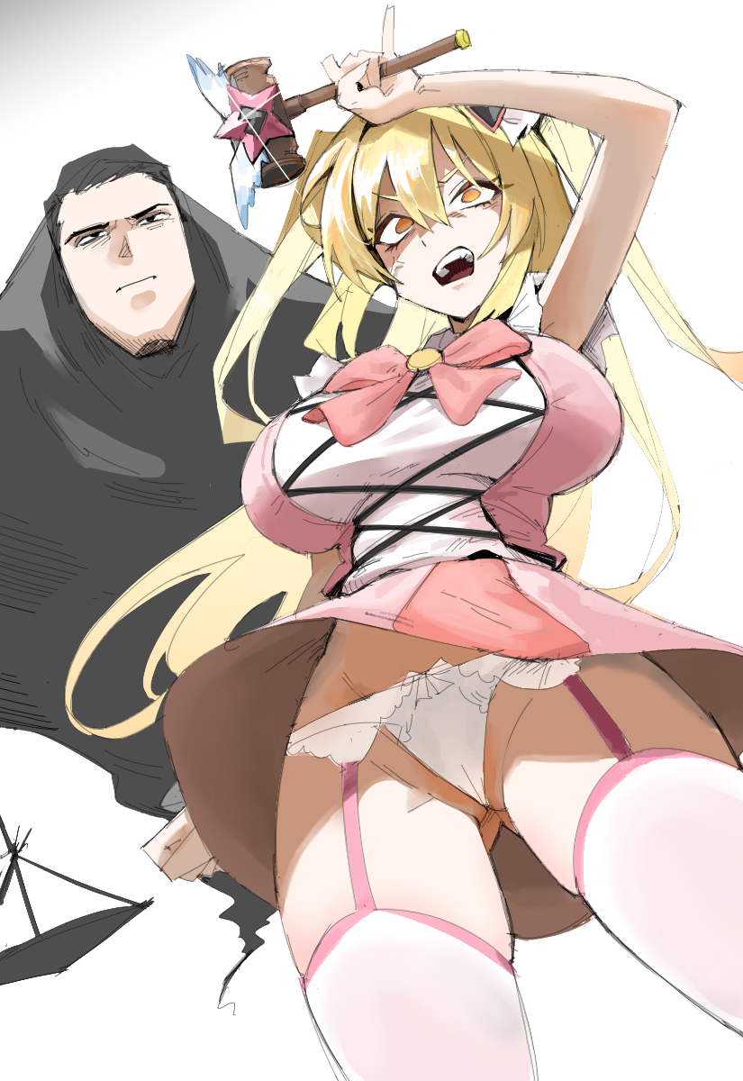 1boy, 1girl, anger vein, black eyes, black hair, blonde hair, bow, bowtie, breasts, commentary request, cosplay, don quixote (limbus company), dress, e.g.o (project moon), garter straps, gavel, highres, higuruma hiromi, holding gavel, in the name of love and hate (e.g.o), jujutsu kaisen, korean commentary, large breasts, limbus company, long hair, meursault (limbus company), moxzone011, open mouth, panties, pantyshot, pink bow, pink bowtie, pink garter straps, pink skirt, pink vest, project moon, scene reference, skirt, thighhighs, underwear, upskirt, very long hair, vest, yellow eyes