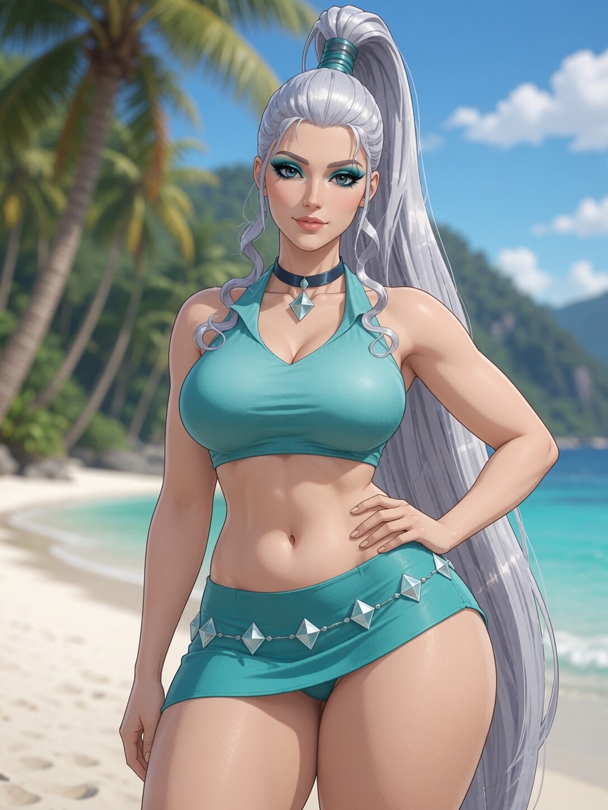 1girls ai_generated alternate_art_style armpit athletic_female beach belly_button blue_eyes cleavage collared cyan_clothing cyan_eyeshadow different_artstyle eyeshadow female female_only gem grok hair_over_shoulder hair_rings hair_strand hand_on_hip high_ponytail hourglass_figure icy_(winx_club) light-skinned_female looking_at_viewer medium_breasts midriff miniskirt narrow_waist ocean ocean_background one_hand_on_hip palm_tree panties_under_skirt pendant_choker ponytail rgomez007 seductive_look self_upload silver_hair sleeveless slight_smile solo_female standing thick_lips thick_thighs warm_lighting wide_hips winx_club
