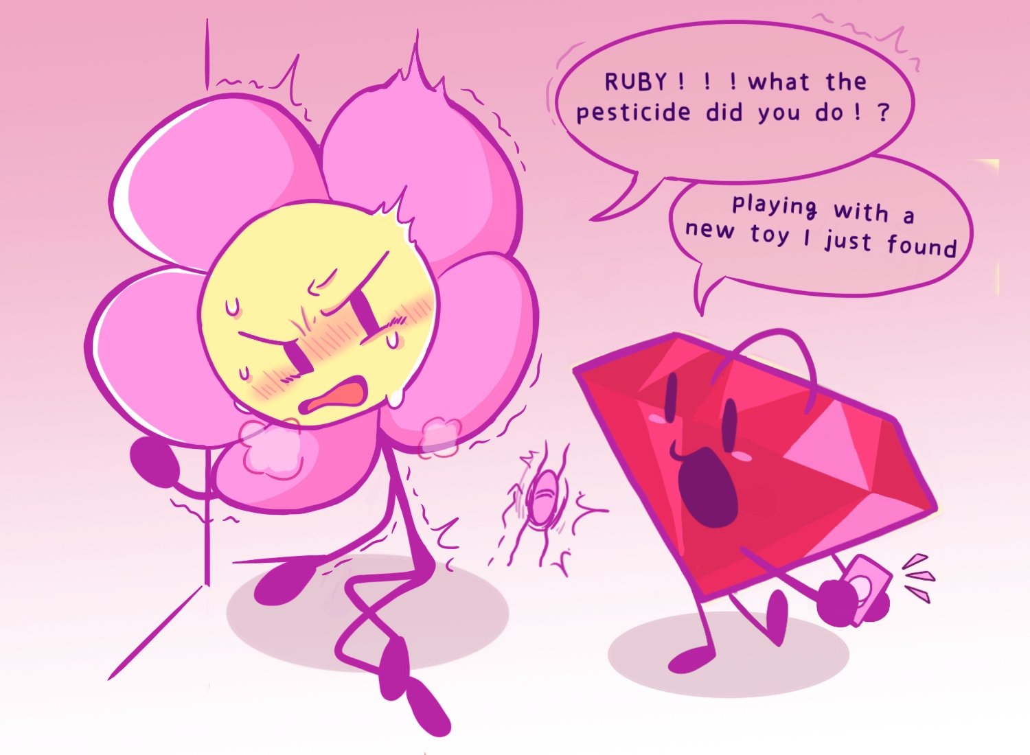 battle for dream island, bfdi, blush, embarrassed, flower (bfdi), happy, lesbian, null, object shows, remote control, remote control vibrator, ruby (bfdi), sex toy, sorry mommy did i do a nono again?, sweat, vibrator, vibrator in pussy, without hat, yuri