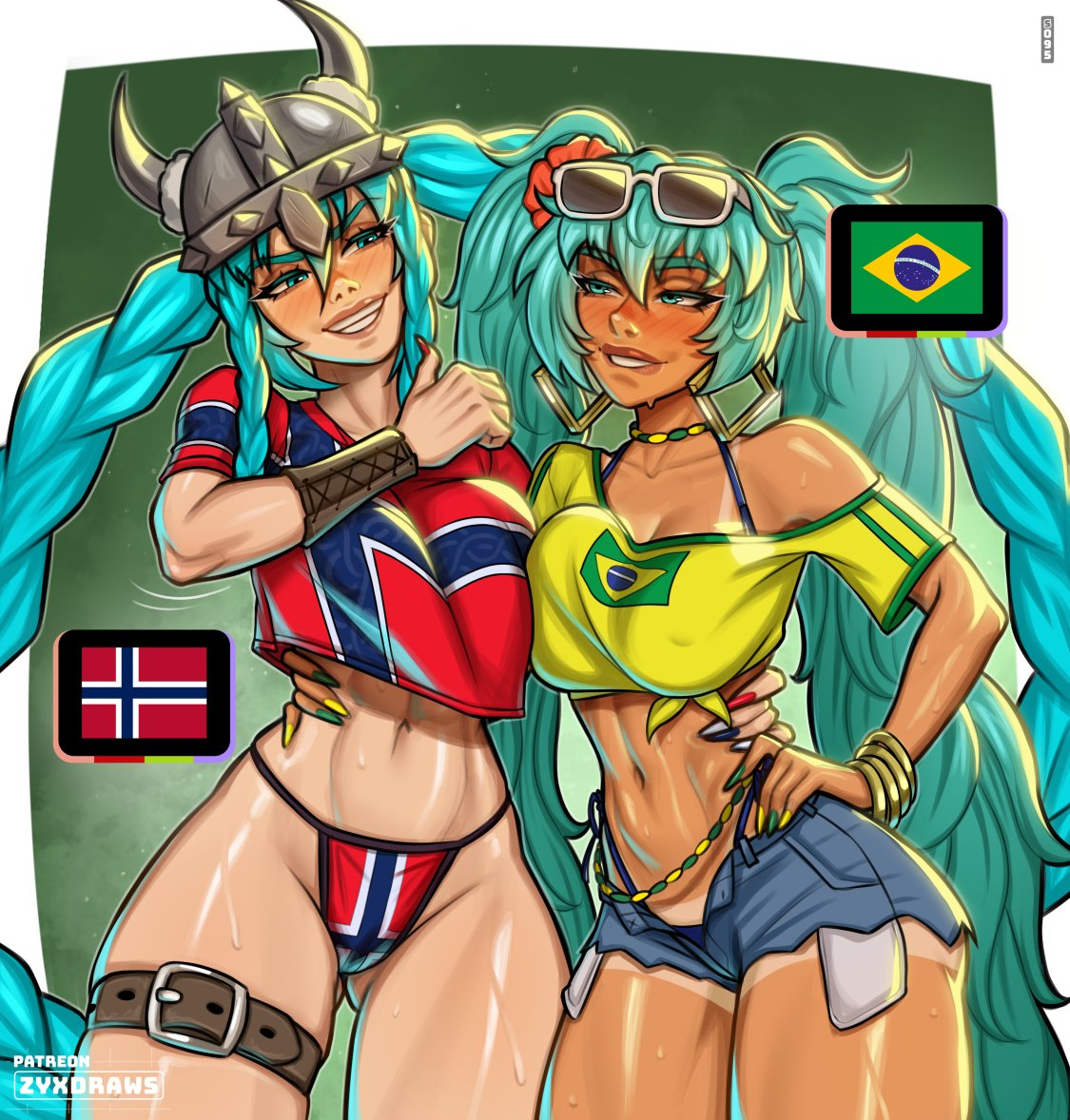 2026 fifa world cup, 2d, 2d artwork, 2girls, aqua hair, big boobs, big breasts, big tits, boobs, brazilian flag, brazilian flag print, brazilian miku, breasts, dark skin, dark-skinned female, digital drawing (artwork), digital media, digital media (artwork), duo, duo female, duo focus, earrings, eyewear on head, female, female focus, female only, flag print, flower, hair flower, hair ornament, hatsune miku, helmet, jewelry, jpeg, jpg, long hair, multiple girls, norway, norwegian flag, norwegian miku, shirt, shorts, sunglasses, swimsuit, tan, tanline, tits, twintails, vocaloid, world cup, yellow shirt, yuri, zyxdraws