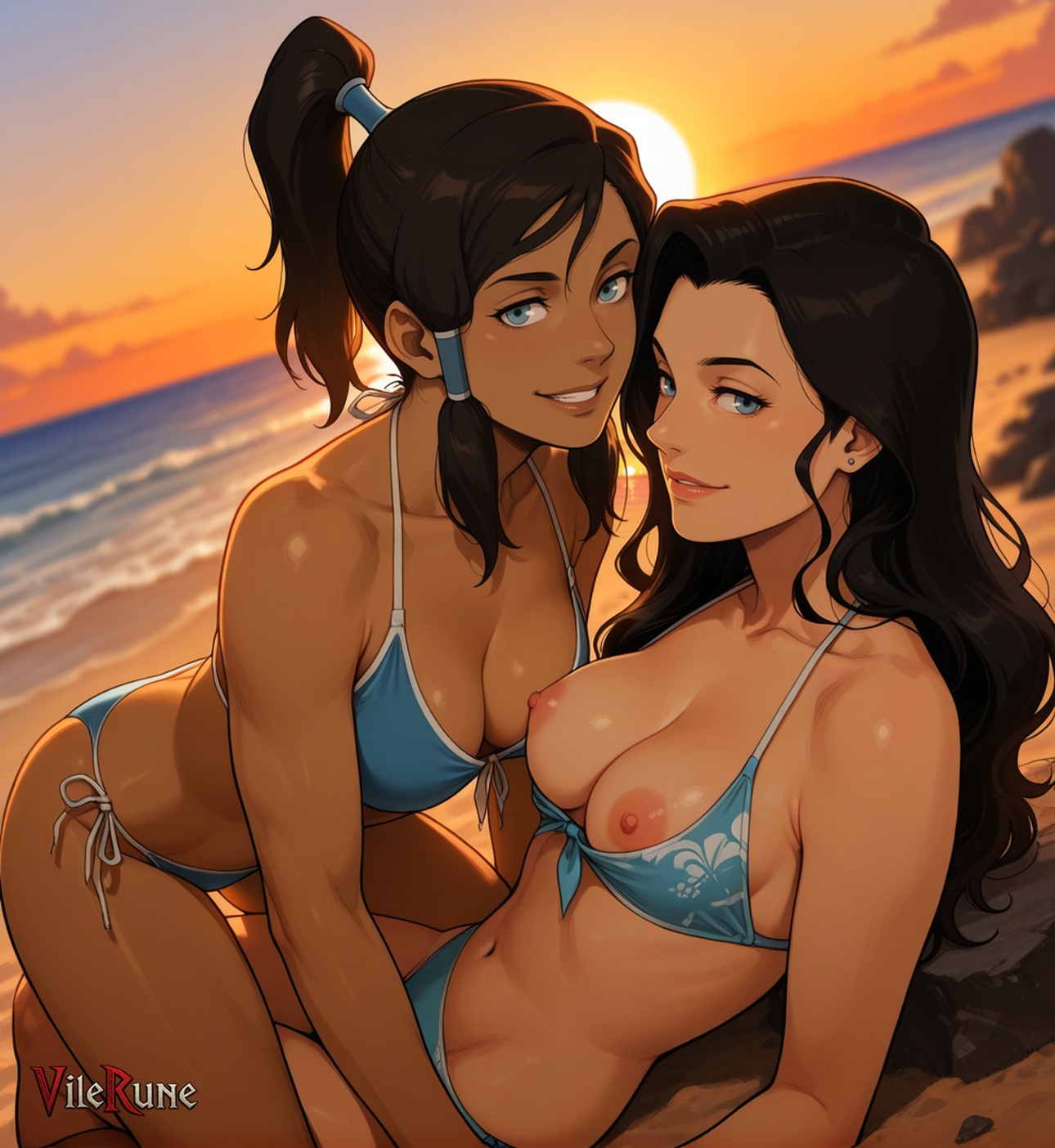 2girls, ai generated, asami sato, beach, bikini, blue eyes, breasts out, canon couple, high ponytail, korra, nipples, seductive look, seductive smile, sunset, the legend of korra, vilerune