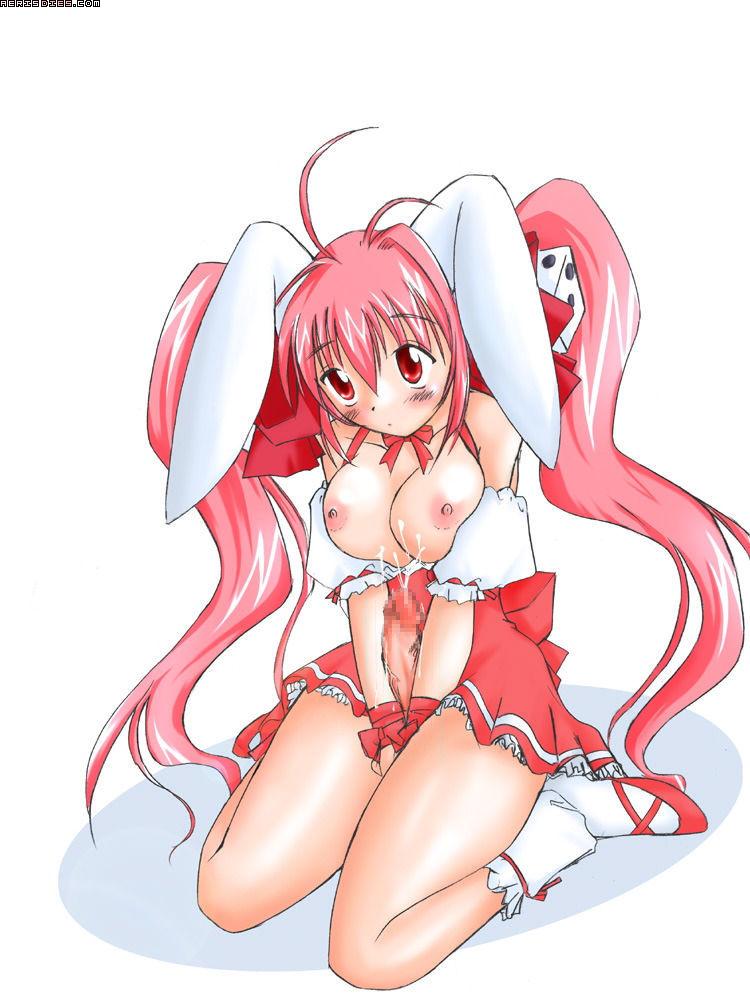 1futa animal_ears areola bare_chest bow_tie breasts bunny_ears cum cum_on_breasts di_gi_charat dice ejaculation futa_only futanari hair human intersex large_breasts light-skinned_futanari light_skin long_hair mini_skirt nipple penis pink_hair red_eyes ribbon slippers solo twintails usada_hikaru