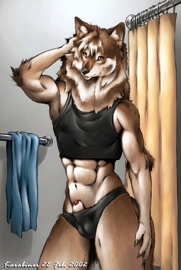 1boy anthro canine erection fur furry indoors karabiner male male_only penis shower solo wolf